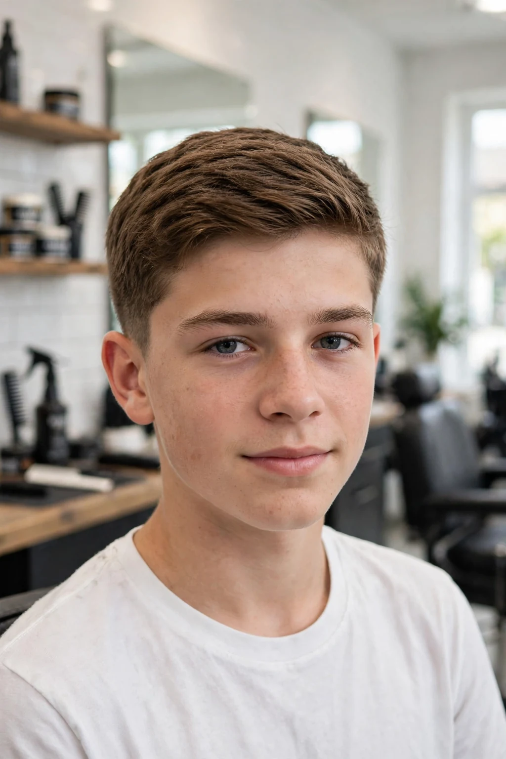 Handsome teen boy with classic teen boy haircut, timeless teen cut, barbershop light.