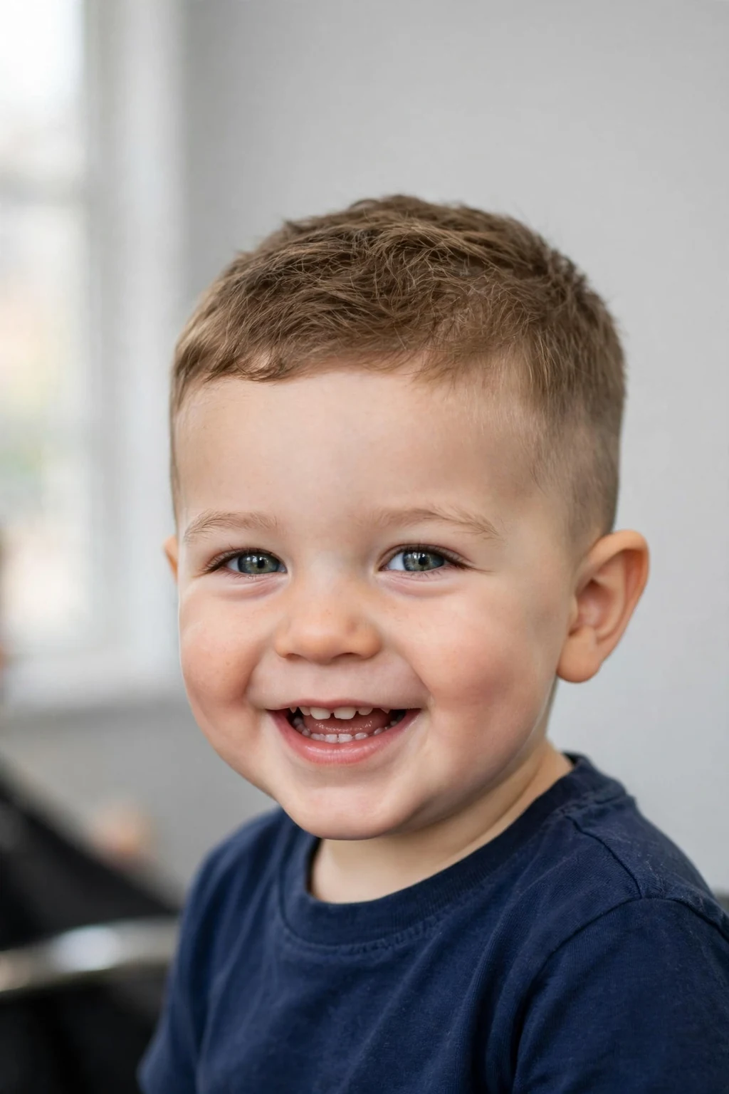 Cheerful toddler boy with a classic textured crop haircut in soft natural light against a light gray studio background.