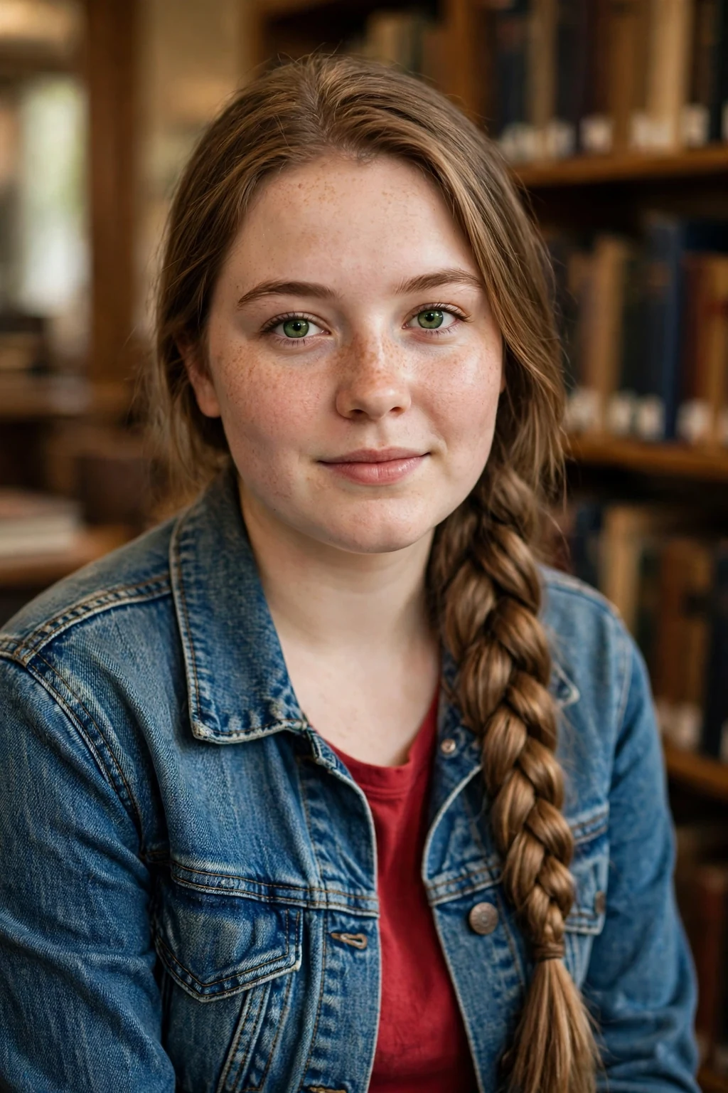 A young woman with a classic three-strand braid over one shoulder, wearing a denim jacket in a library.