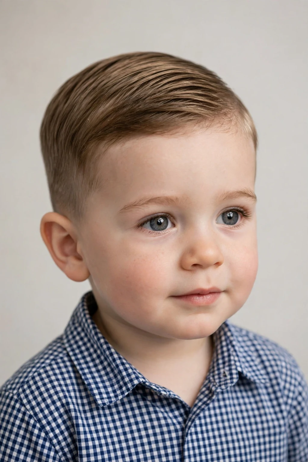 Classic toddler boy with a neat side part haircut, timeless tidy style, soft studio lighting.