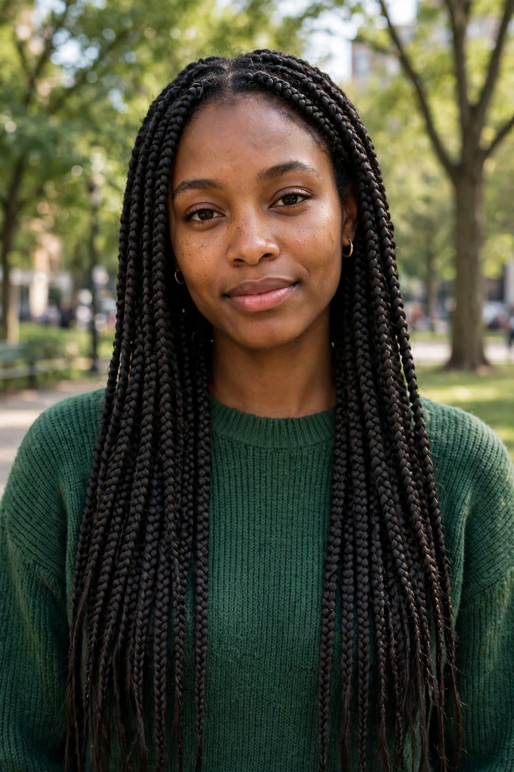 Young Black woman with classic waist-length knotless box braids, standing in a city park wearing a forest green sweater.