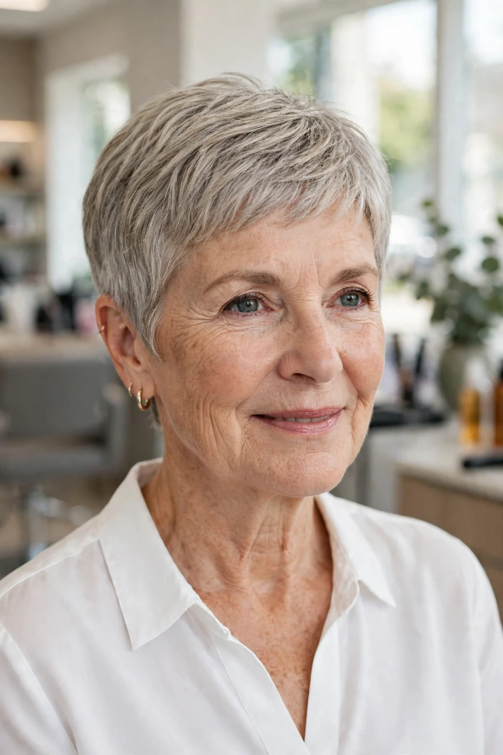 Beautiful older woman with classic wash-and-wear pixie, timeless easy pixie, salon light.