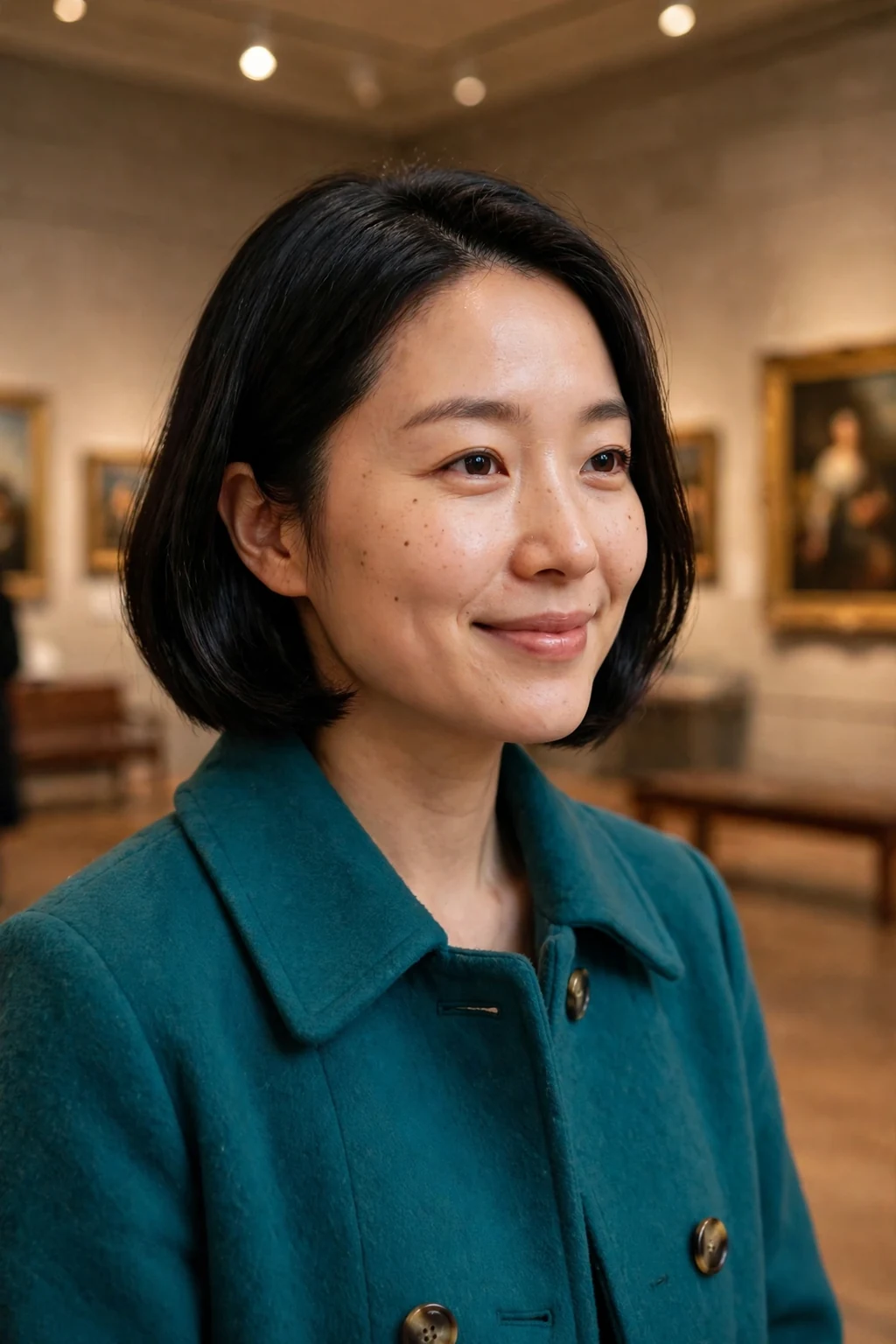 Young woman with a classic winter bob hairstyle, wearing a teal dress coat in a museum.