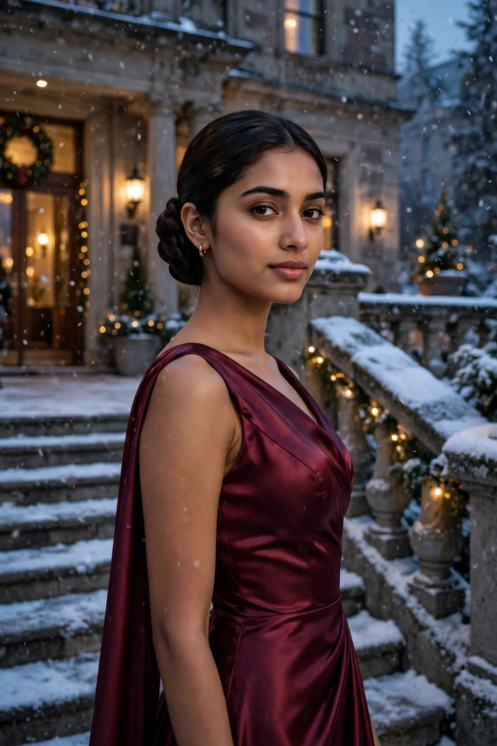 Young woman with a classic winter chignon updo at a formal evening event.