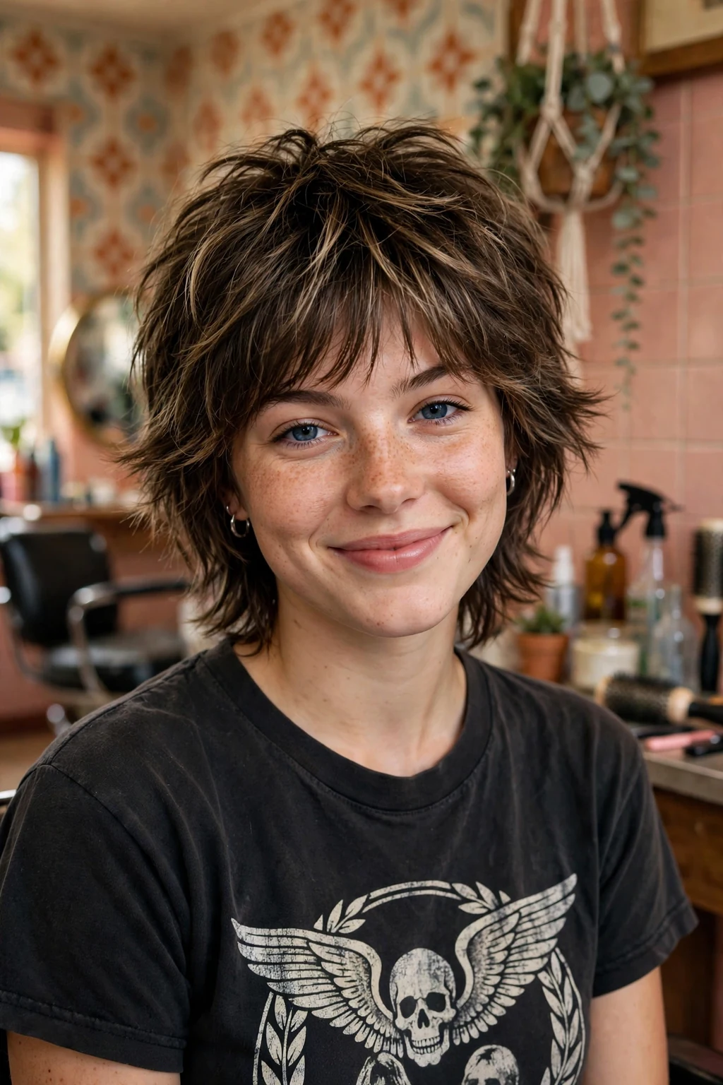 Beautiful woman with classic wolf cut, timeless shaggy wolf cut, salon light.