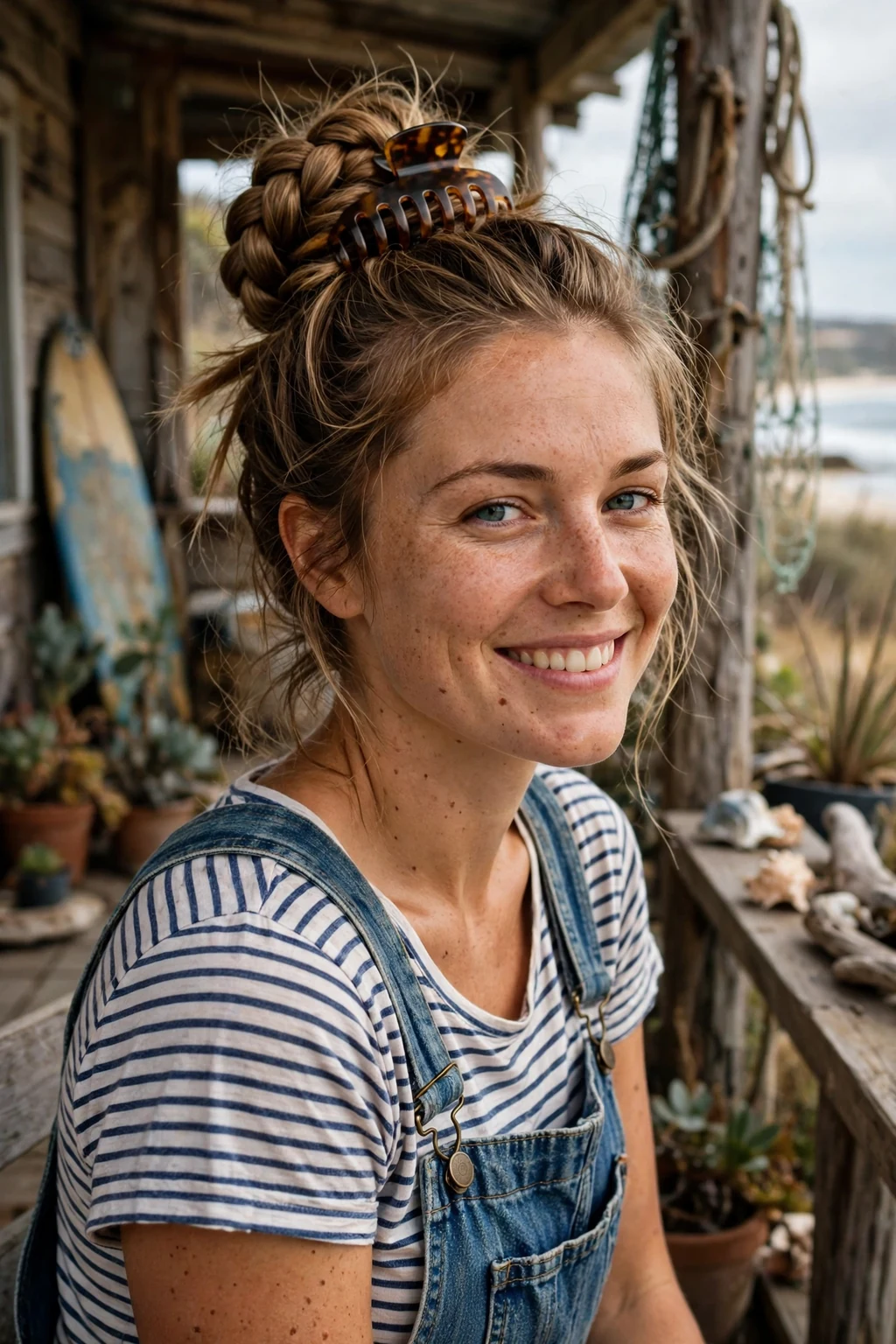 A young woman with long thick hair in a chunky braid updo secured with a claw clip.