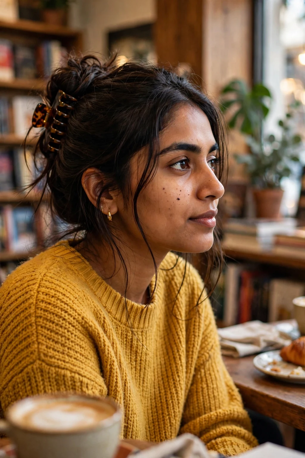 A young woman with a claw clip twist updo, hair twisted up and secured with a large tortoiseshell claw clip, in a relaxed cafe setting.