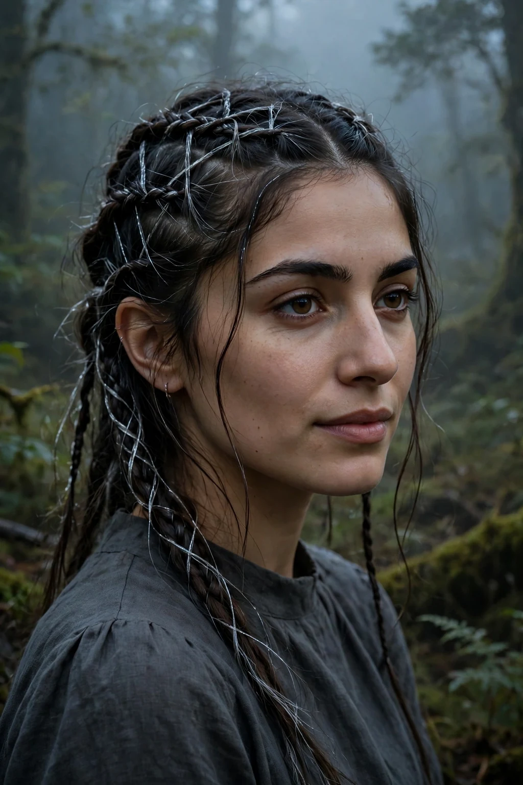 Young woman with cobweb French braids crossed with fine silver strands.