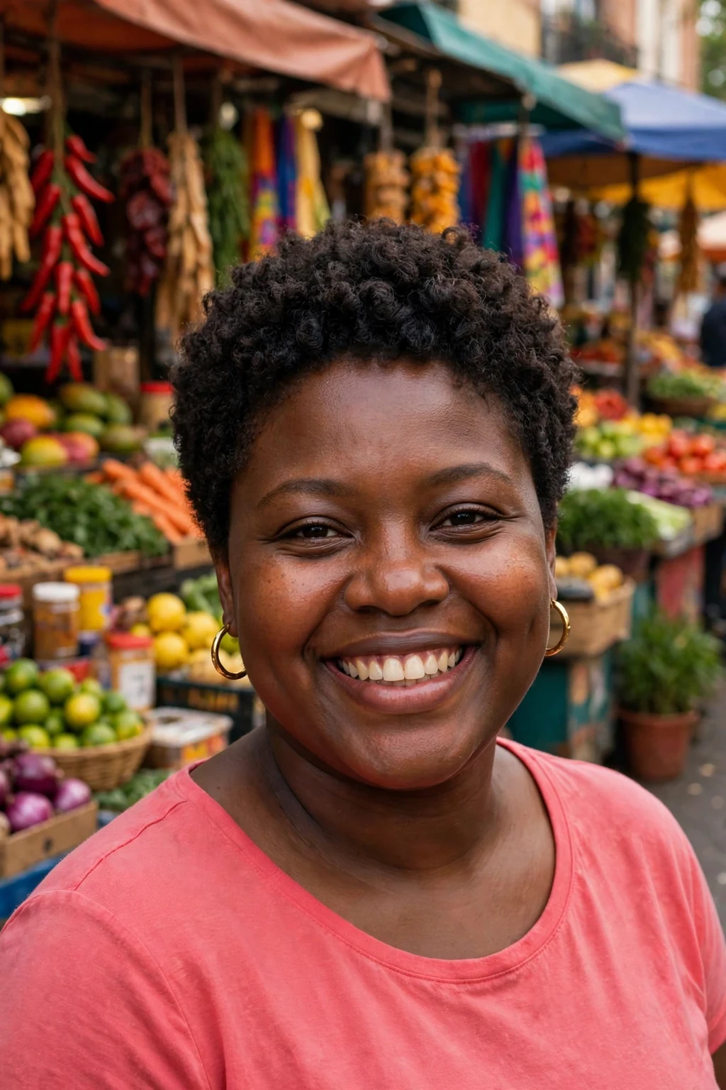 A young woman with a coily pixie, a rounded shape of tight coils with a tapered nape.