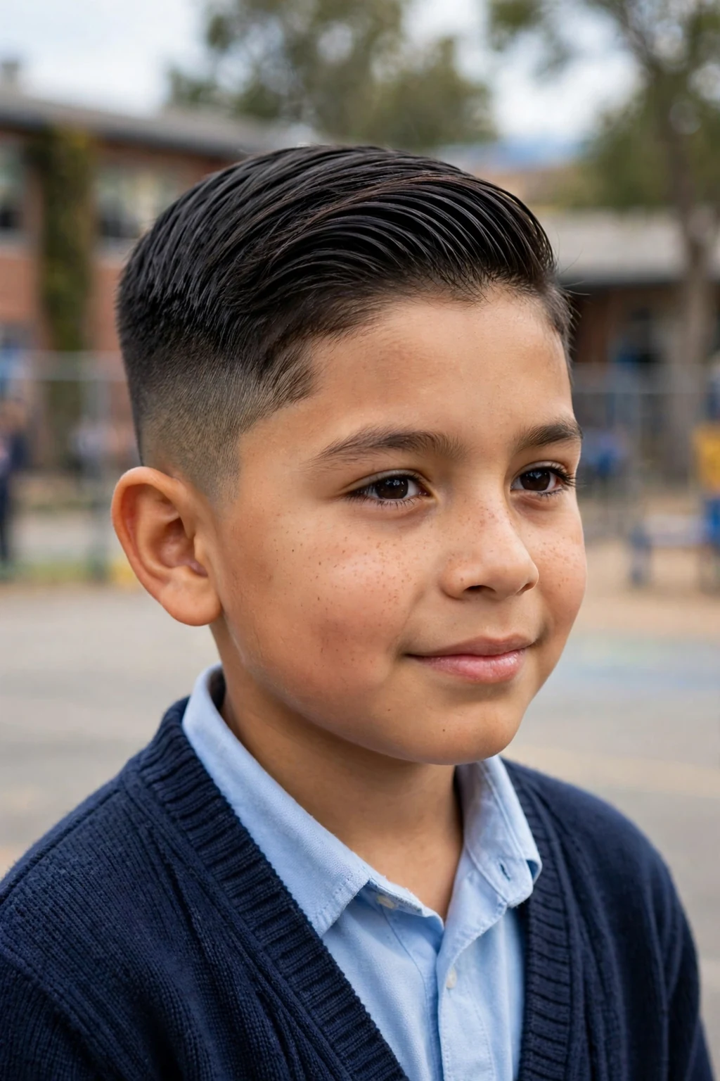 A boy with a comb over fade haircut, hair combed neatly to one side over a skin fade, in a schoolyard wearing a light blue shirt and navy cardigan.