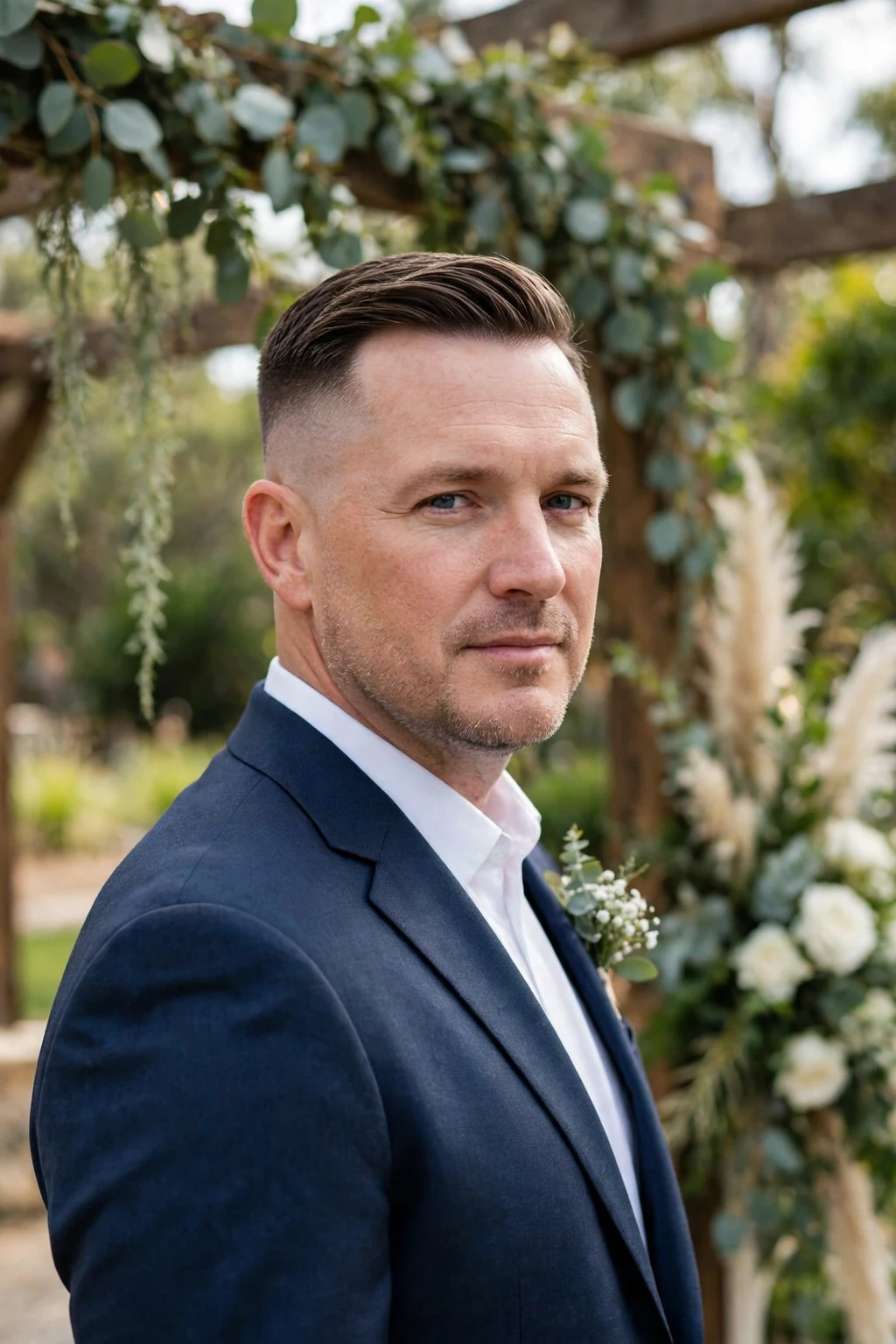 Man in his early 40s with a comb over fade haircut, wearing a dark blue suit at a wedding venue.