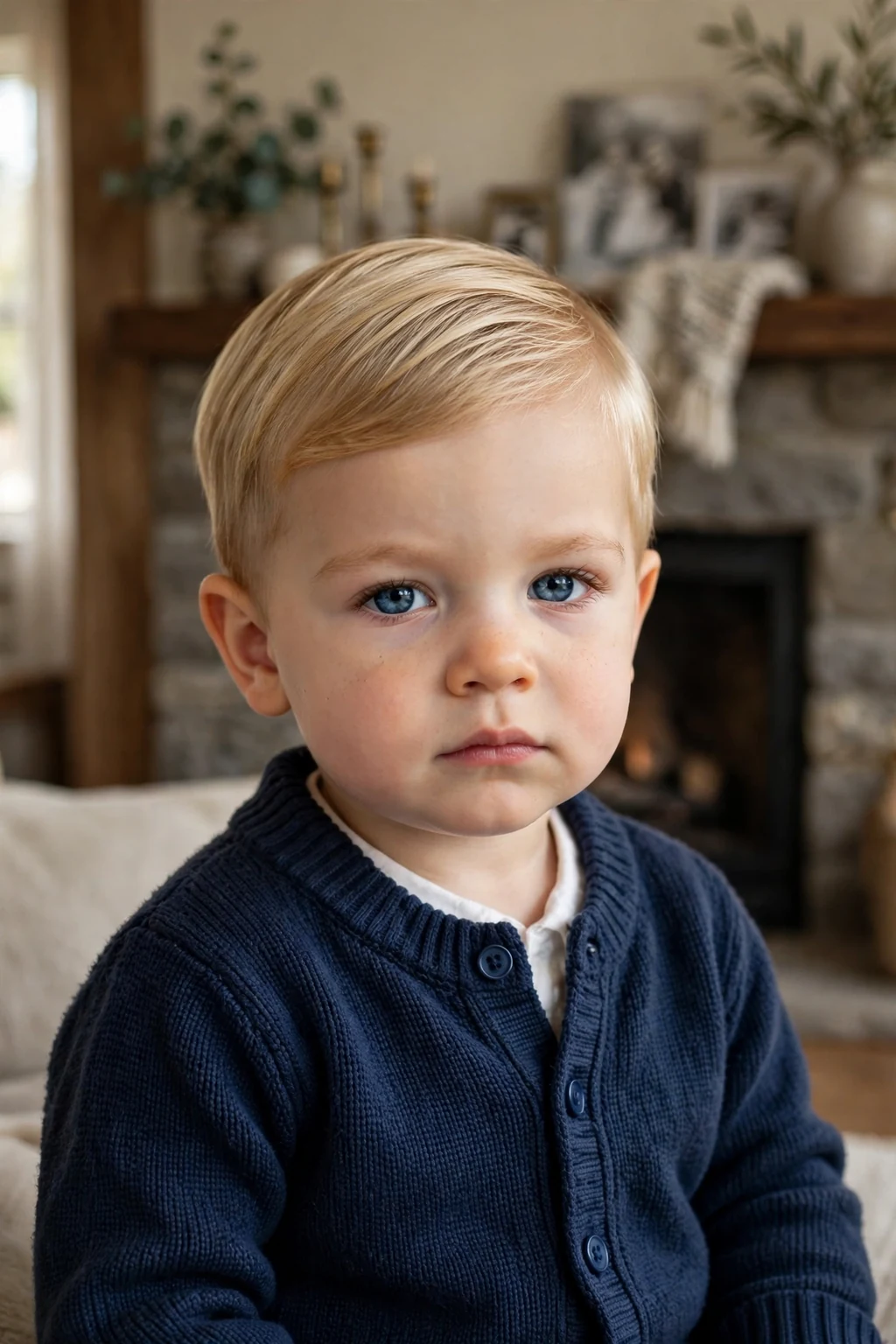 A dapper two-year-old toddler boy with a neat comb-over haircut, wearing a navy cardigan in a family living room with a fireplace.