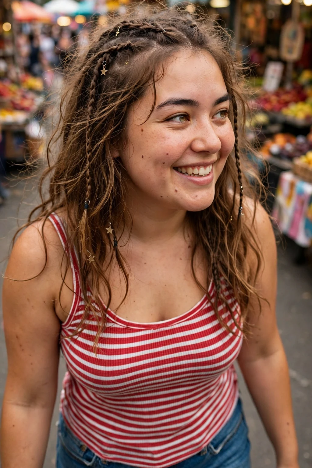 Young woman with confetti star mini braids woven through loose waves at a summer street fair.