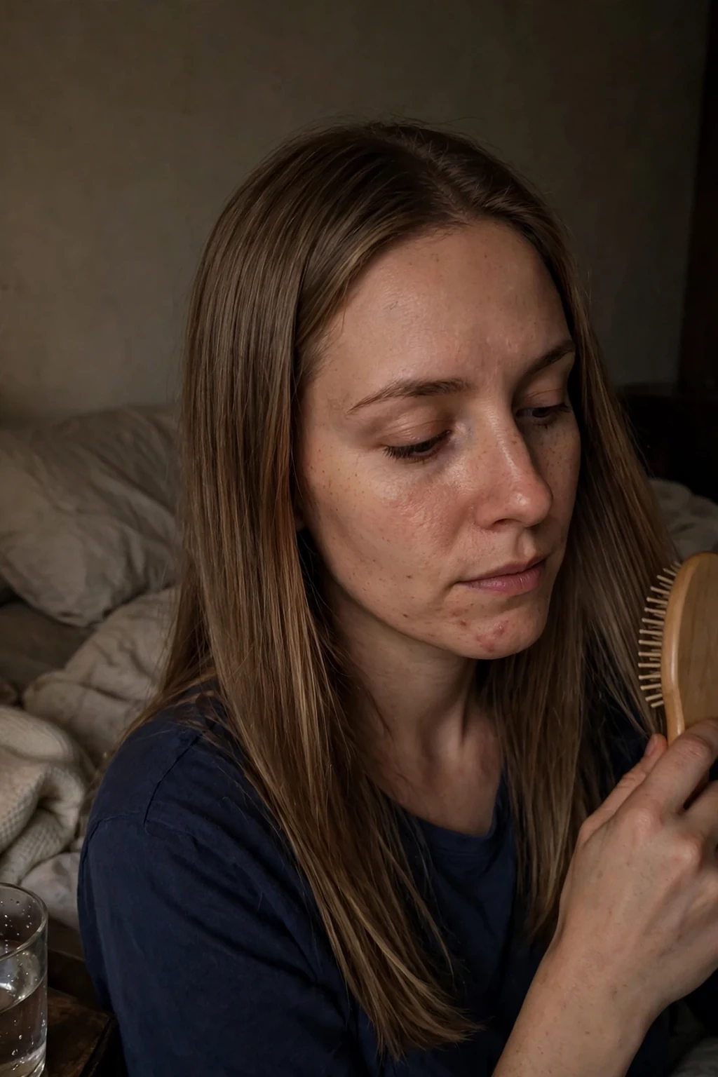 A young woman with long straight light brown hair winding down for bed in a dim bedroom, brushing her hair gently before sleep.