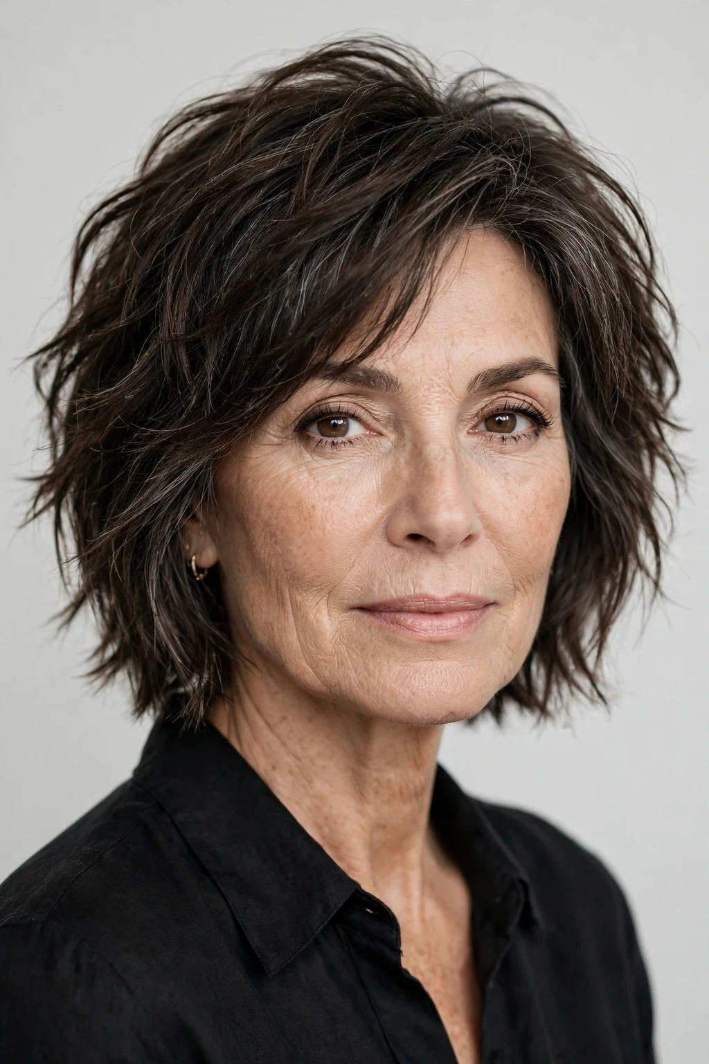 Elegant woman over 50 with contemporary choppy cut, modern textured style, bold soft light.