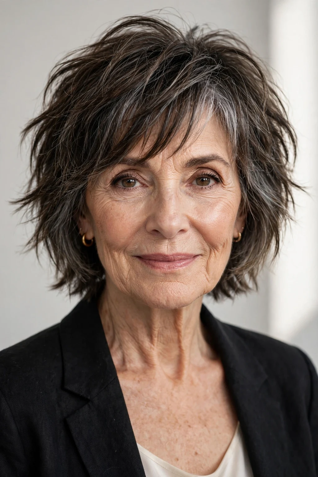 Elegant woman over 60 with contemporary choppy cut, modern textured style, bold soft light.