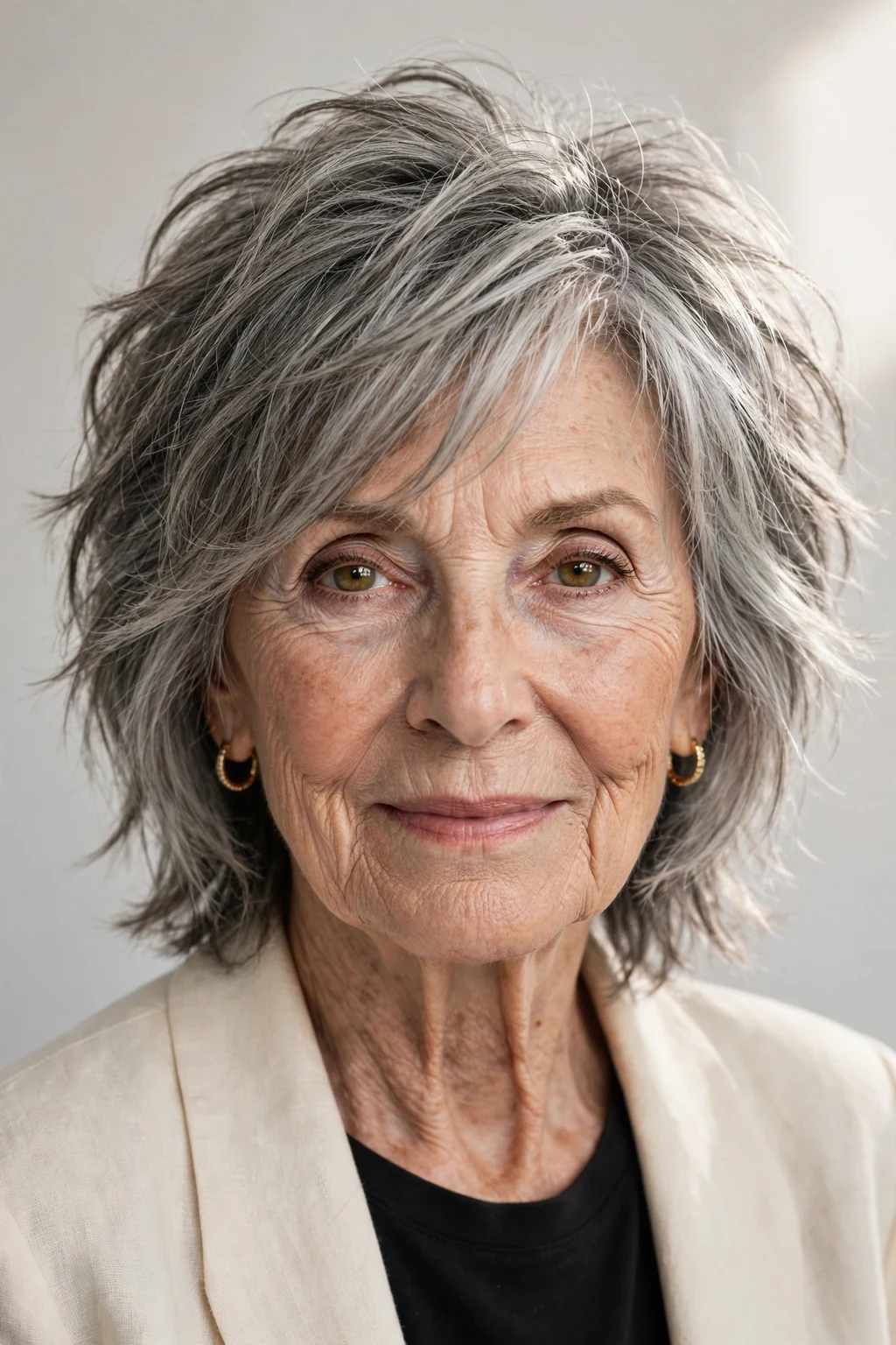 Elegant woman over 70 with contemporary choppy cut, modern textured style, bold soft light.