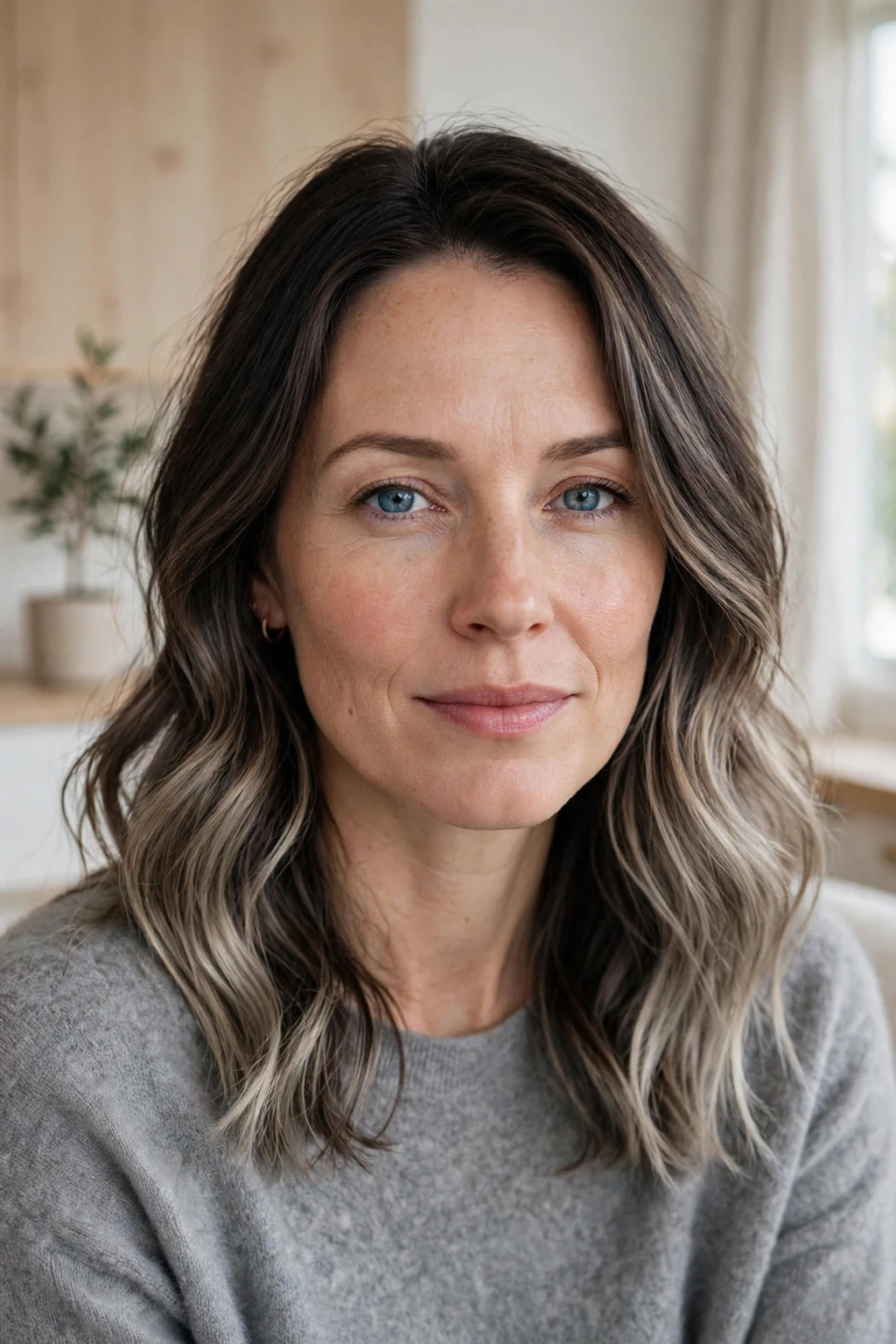 Beautiful woman with dark hair and cool ash balayage, ashy cool-toned balayage, refined light.