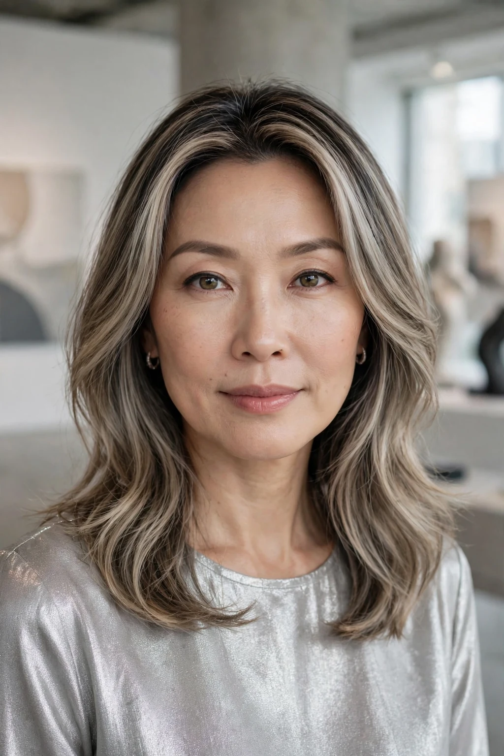 Beautiful woman with cool bronde balayage, ashy cool bronde, modern light.