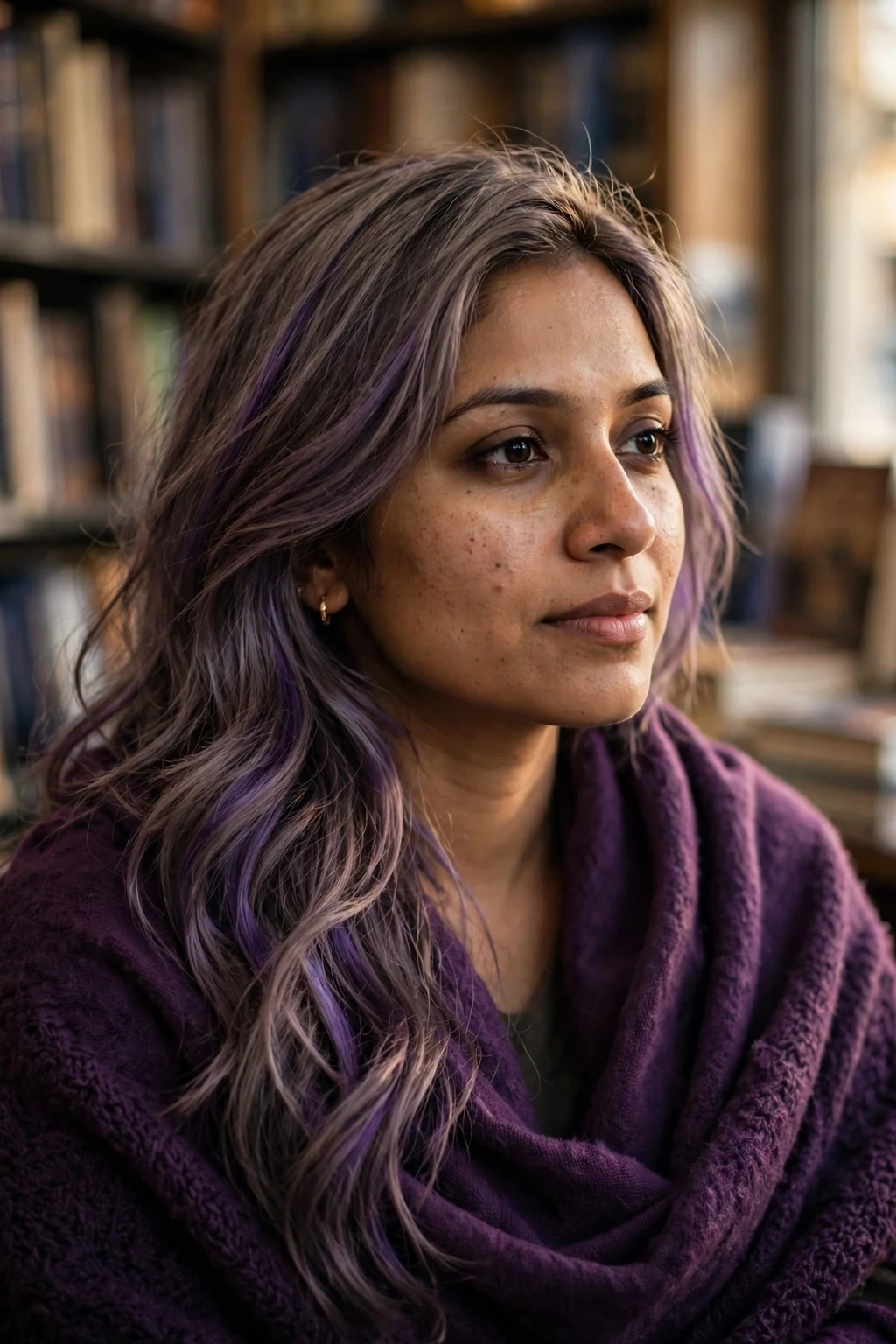 Young South Asian woman in her early 30s with long cool-taupe hair and smoky-violet panels, wrapped in a deep-purple shawl in a quiet bookstore.