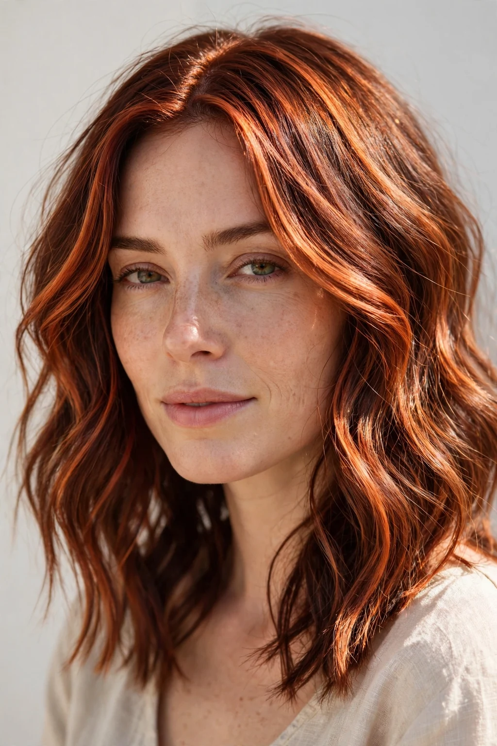 Woman with copper auburn balayage, hand-painted copper pieces, sunlit photo.