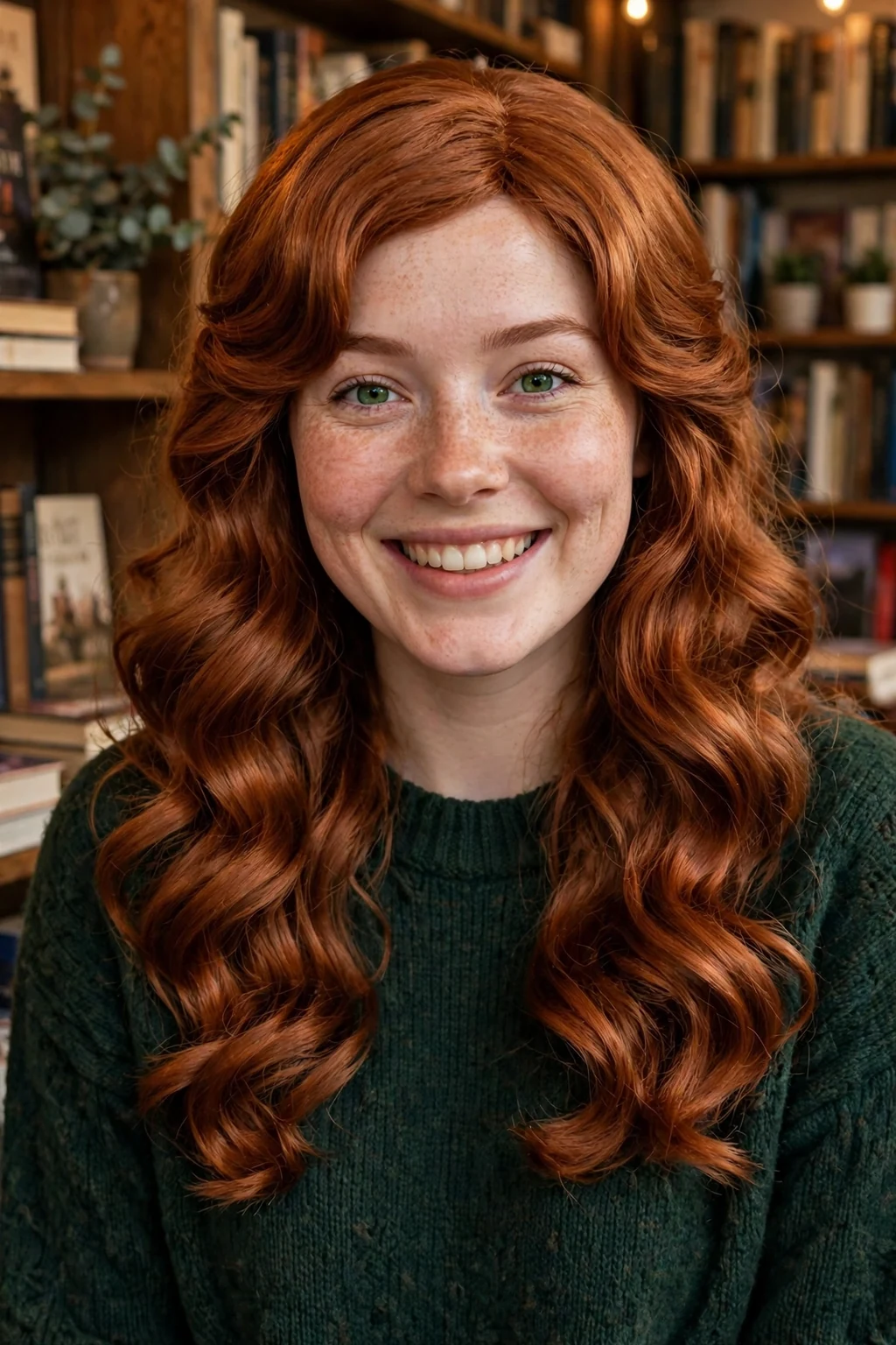 Young woman wearing a copper auburn wig with rich warm waves.