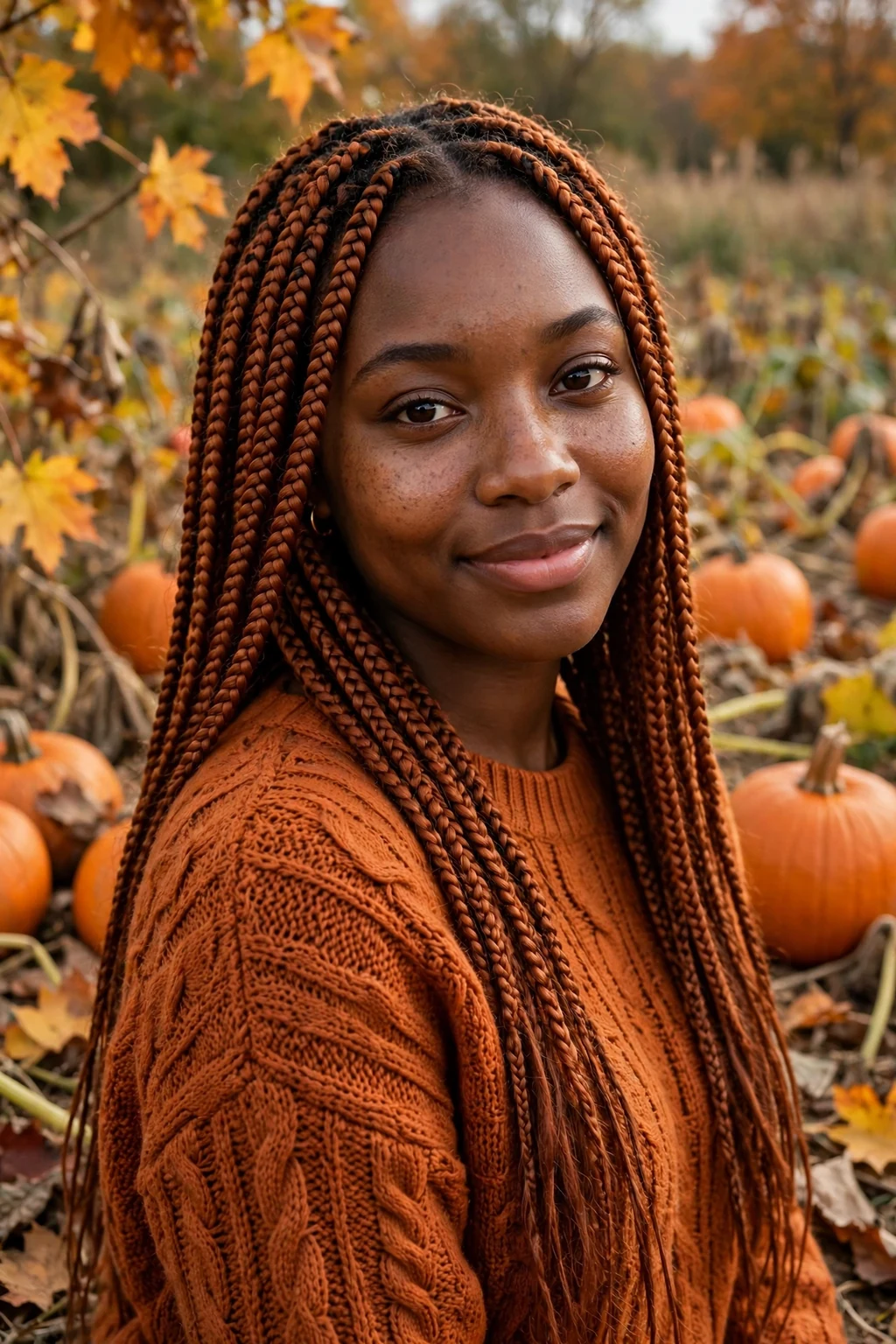 Young Black woman with long copper box braids worn over one shoulder, standing outdoors in autumn.