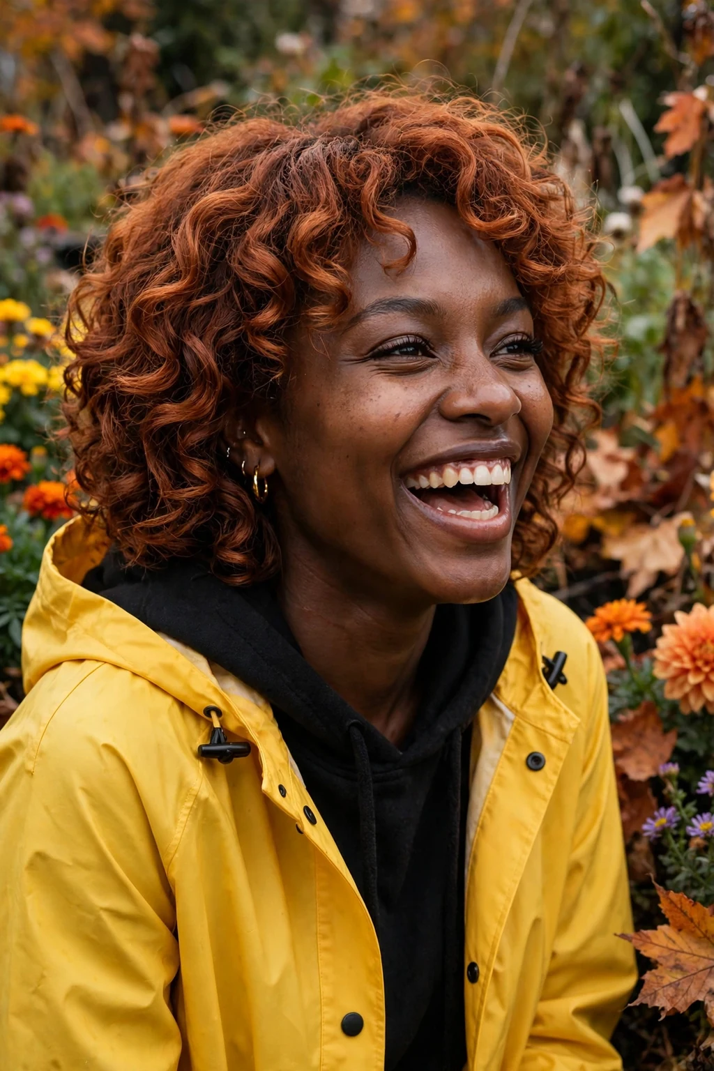Young woman with copper curls midi cut, laughing in a garden wearing a yellow raincoat.