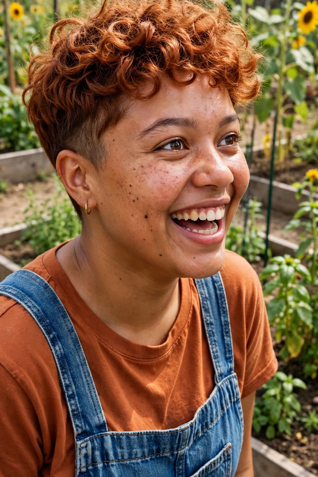 A young woman with a copper curls pixie haircut, a crown of bouncy copper-toned curls with tapered sides.