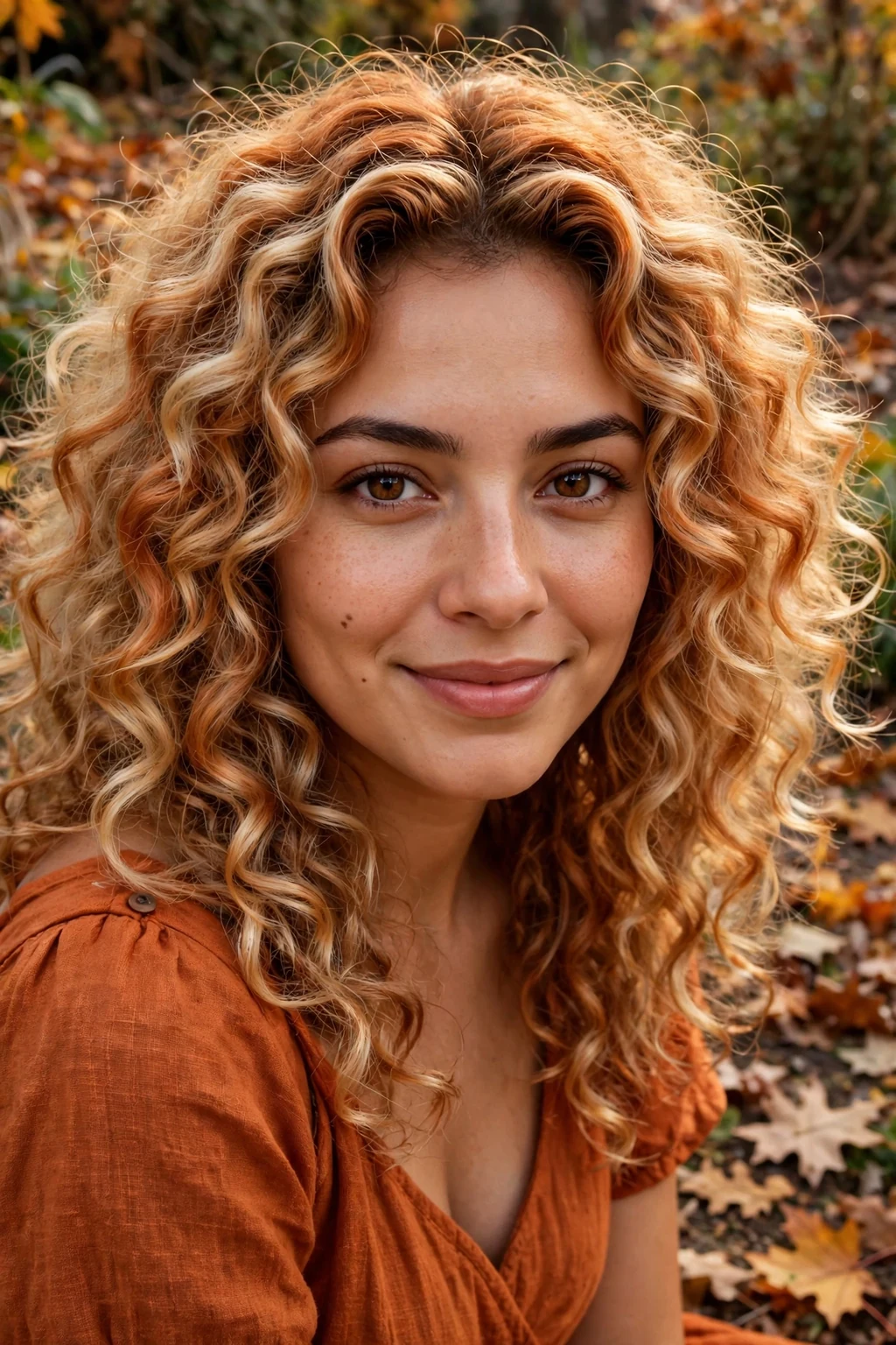 Young woman with copper-kissed blonde hair in voluminous curls, wearing a burnt orange dress in a garden.