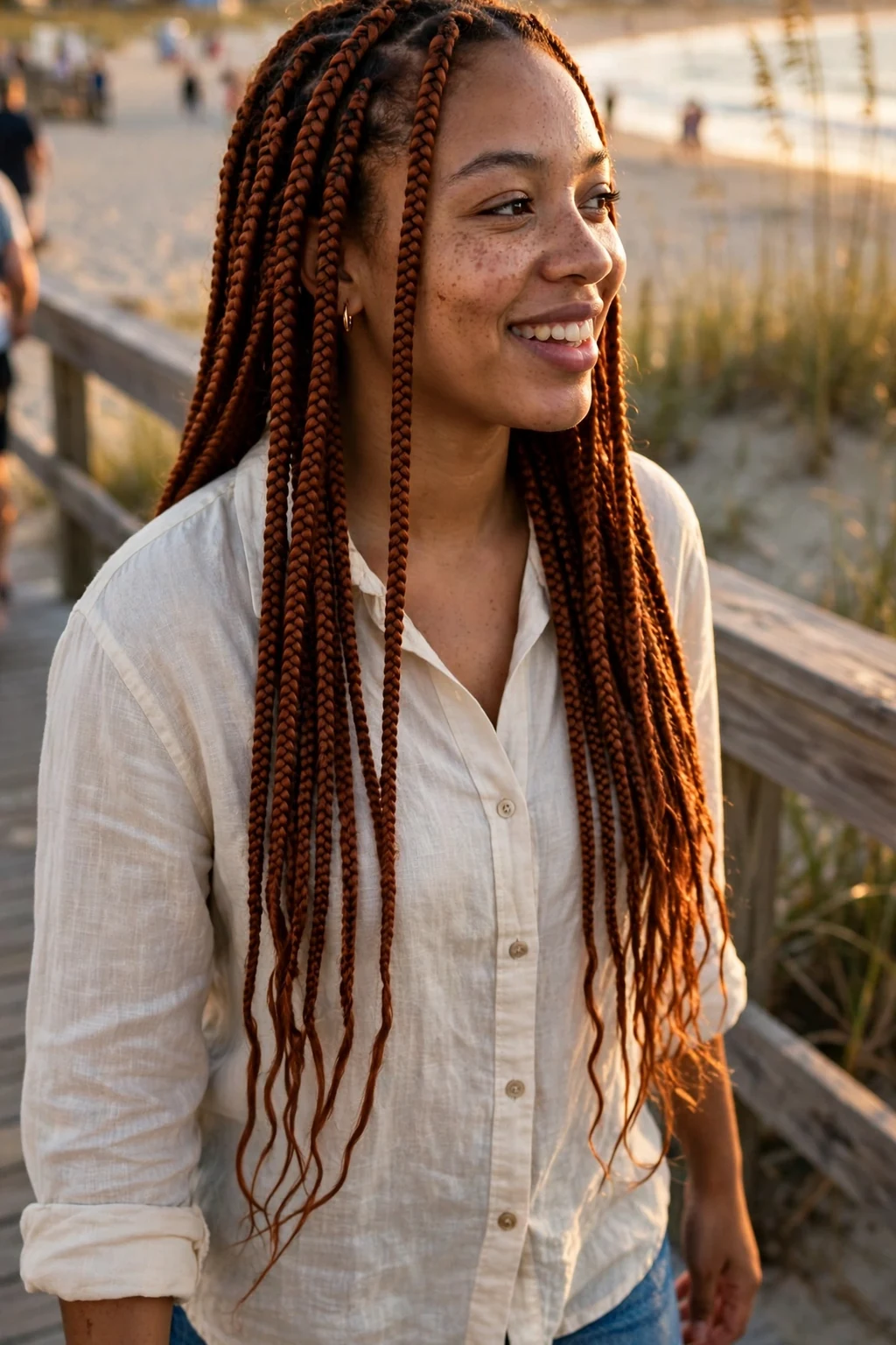 Young Black woman with rich copper knotless box braids, photographed at golden hour on a beach boardwalk wearing a cream linen shirt and denim jeans.