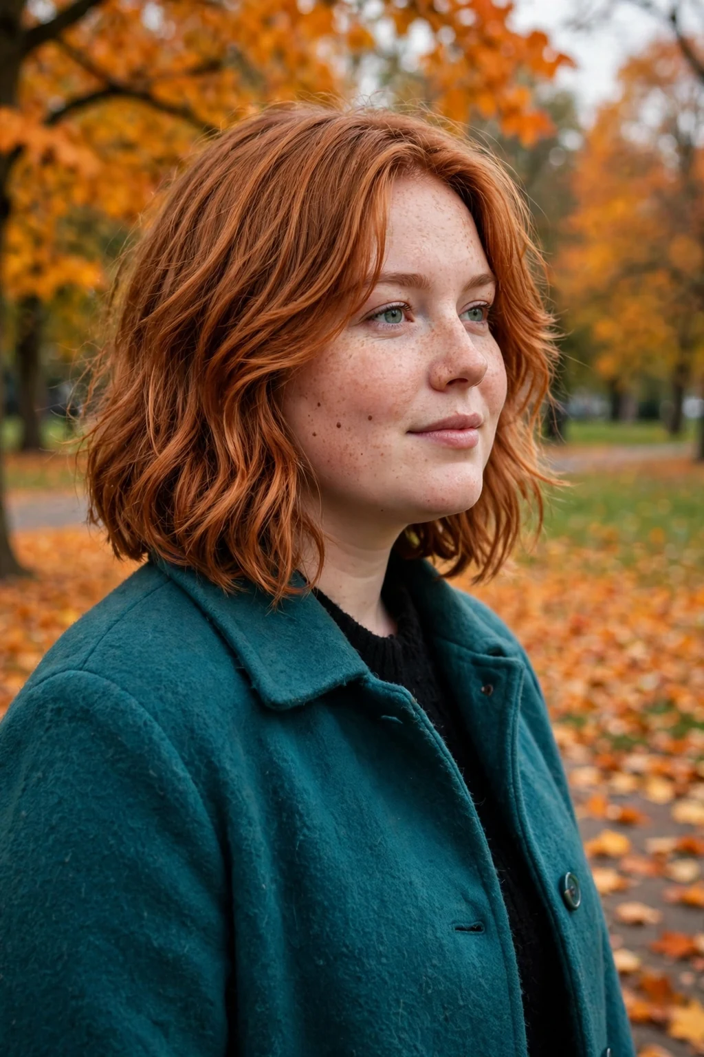 Young woman with a copper layered lob, standing in an autumn park wearing a teal coat.