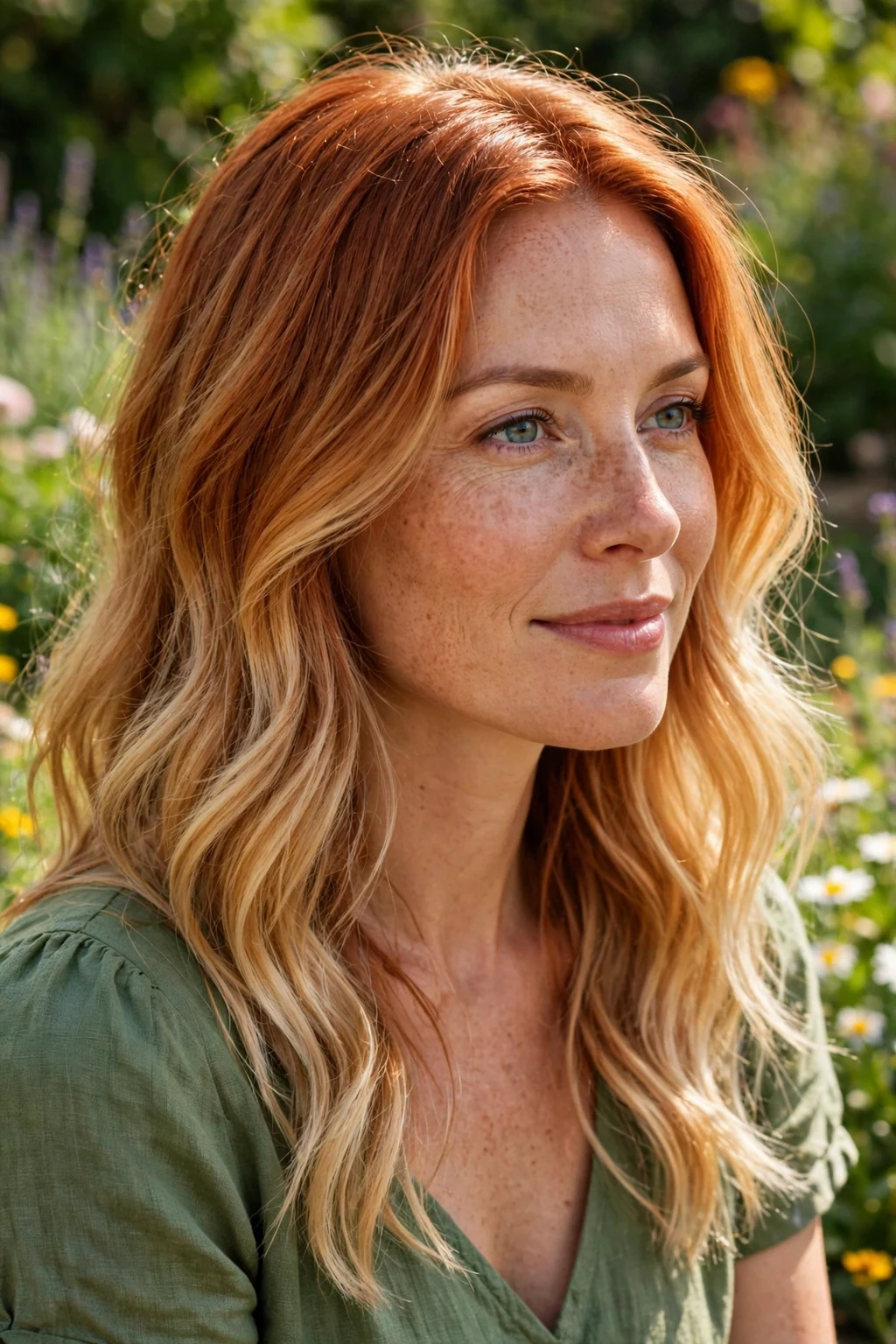 Beautiful woman with copper to blonde transformation, warm copper to golden blonde, vibrant light.