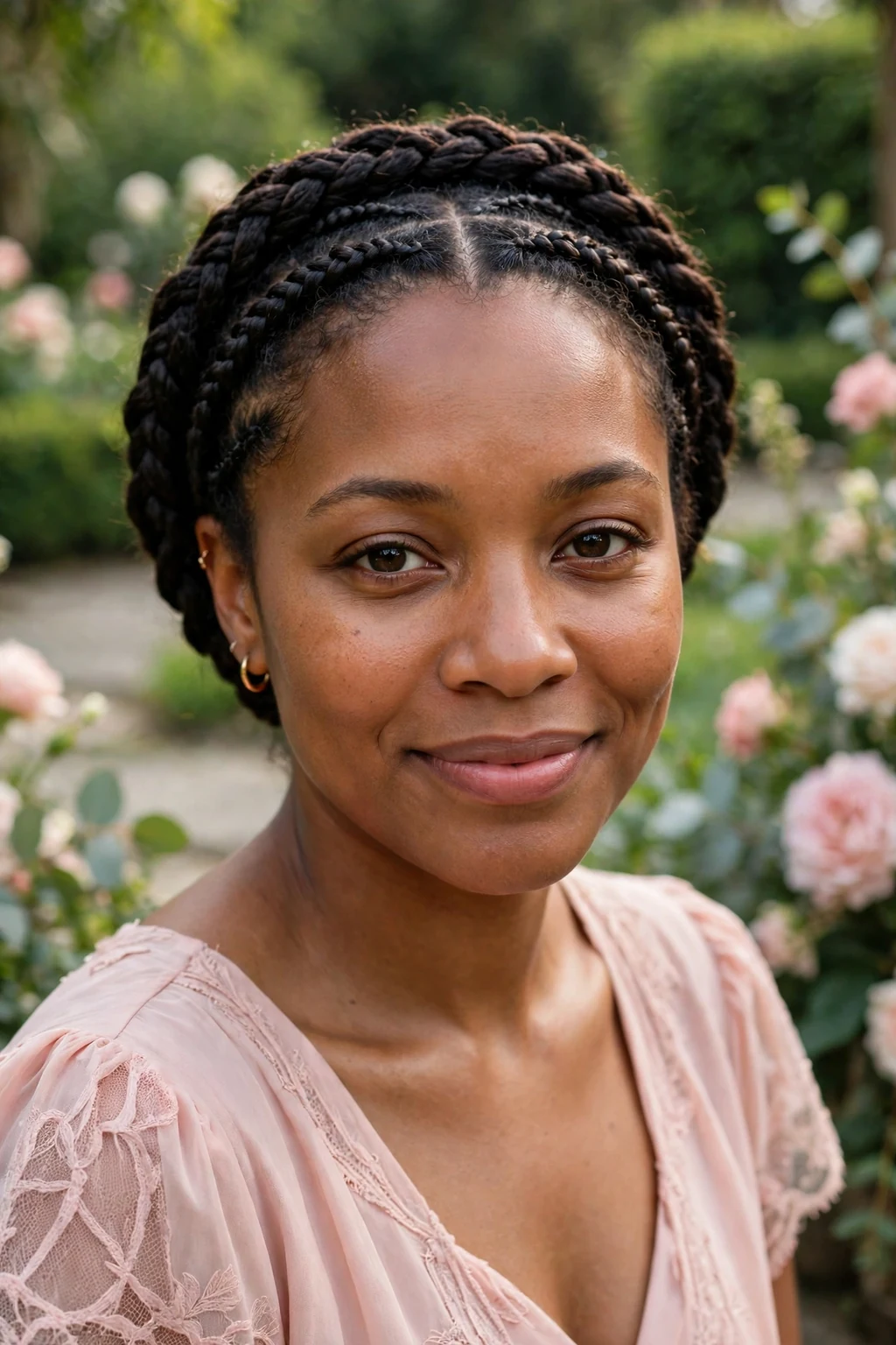 Young Black woman with a cornrow crown at a wedding venue, wearing a blush pink dress.