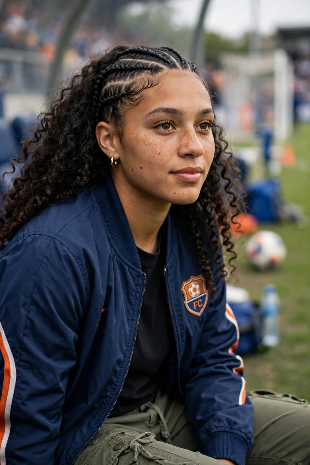 Young woman at a soccer match in a team jacket with cornrow front braids and loose waves.
