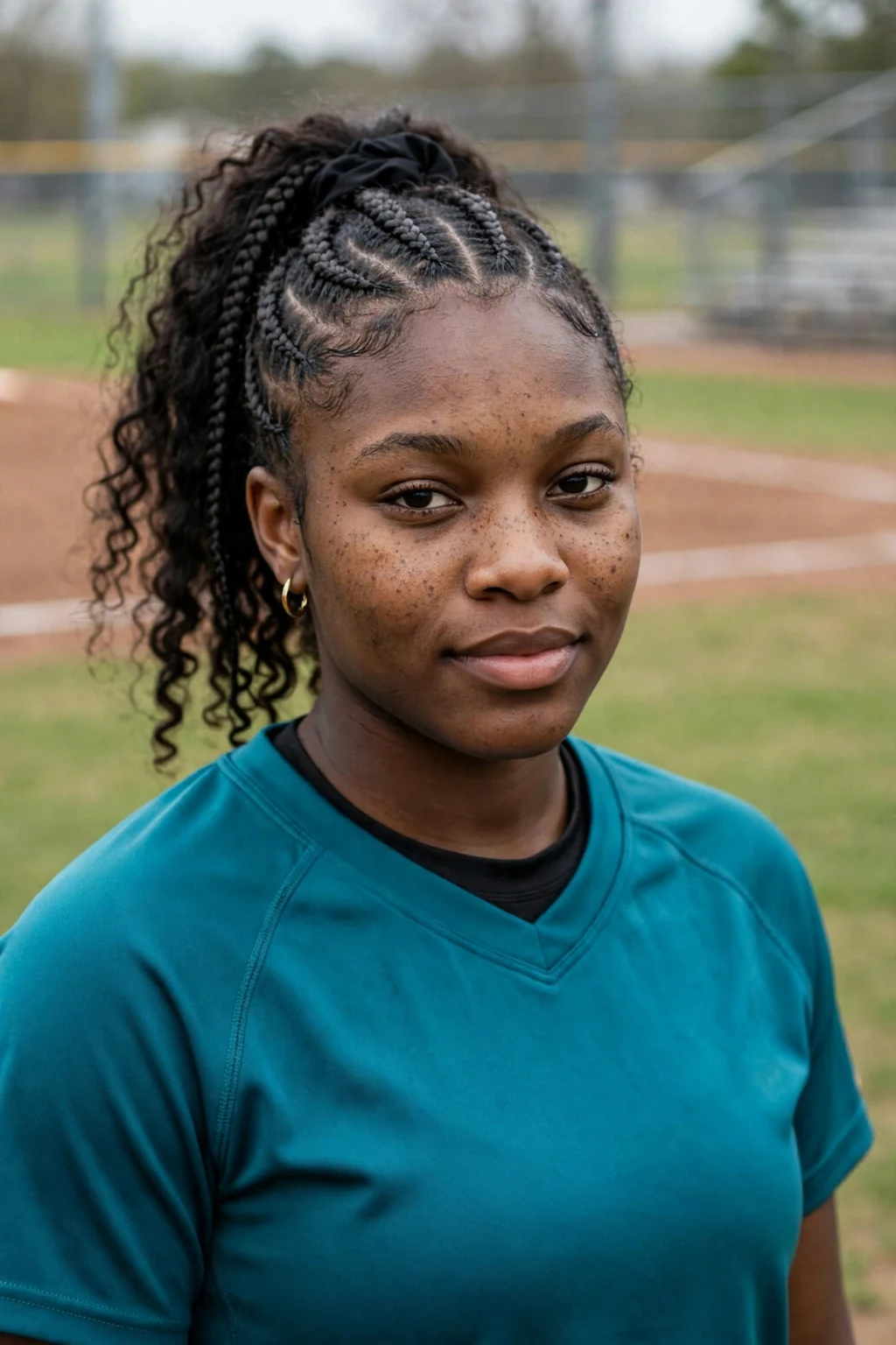 Young softball player with a cornrow ponytail, standing confidently on the field.