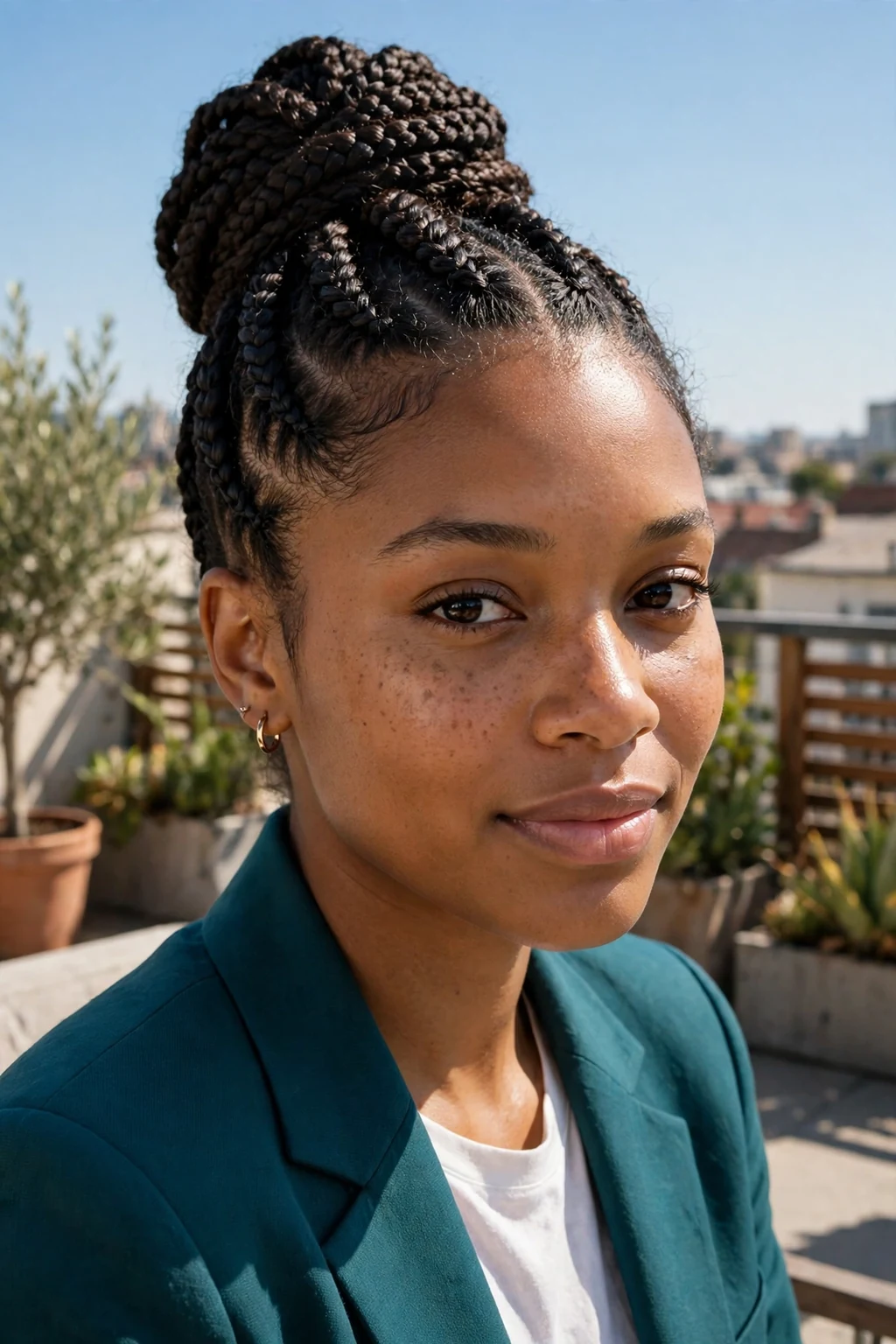 Young Black woman with cornrows into a high bun on a rooftop, wearing a teal blazer.