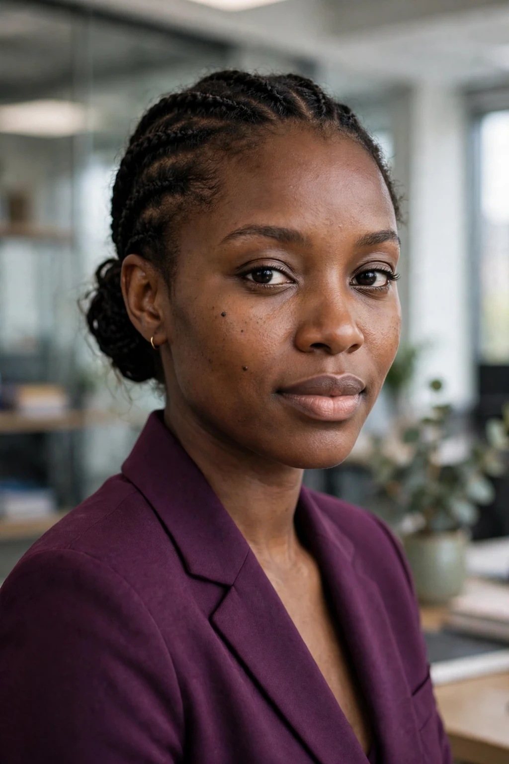Young African woman with cornrows into a low bun in an office, wearing a plum suit.