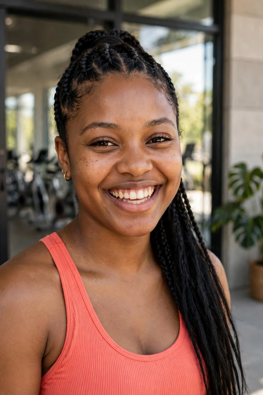 Young Black woman with cornrows and a high ponytail at a gym, wearing a coral sports top.