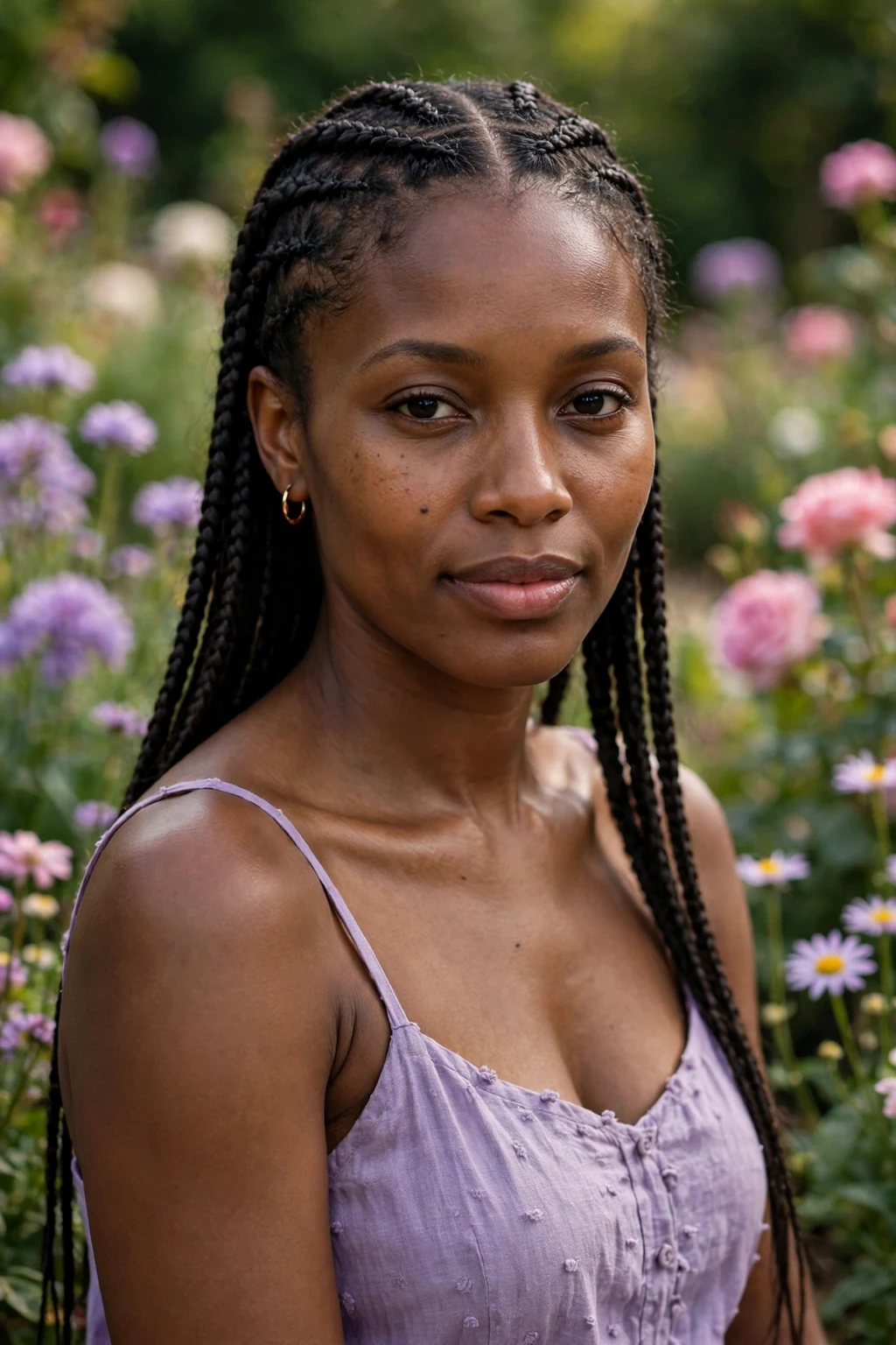 Young African woman with middle-part cornrows in a garden, wearing a lavender dress.