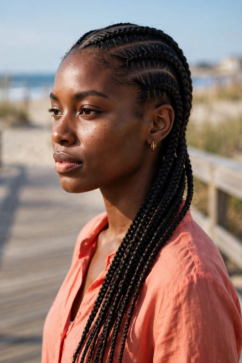 Young Black woman with side-part cornrows on a beach boardwalk, wearing a coral blouse.