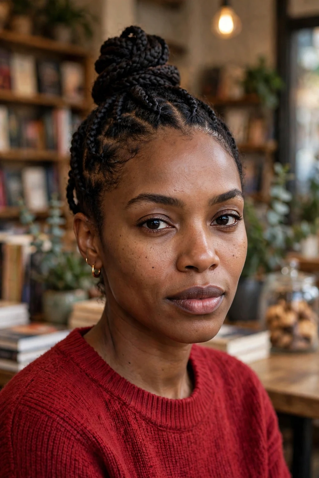 Young Black woman with cornrows and a top knot in a bookstore cafe, wearing a red sweater.