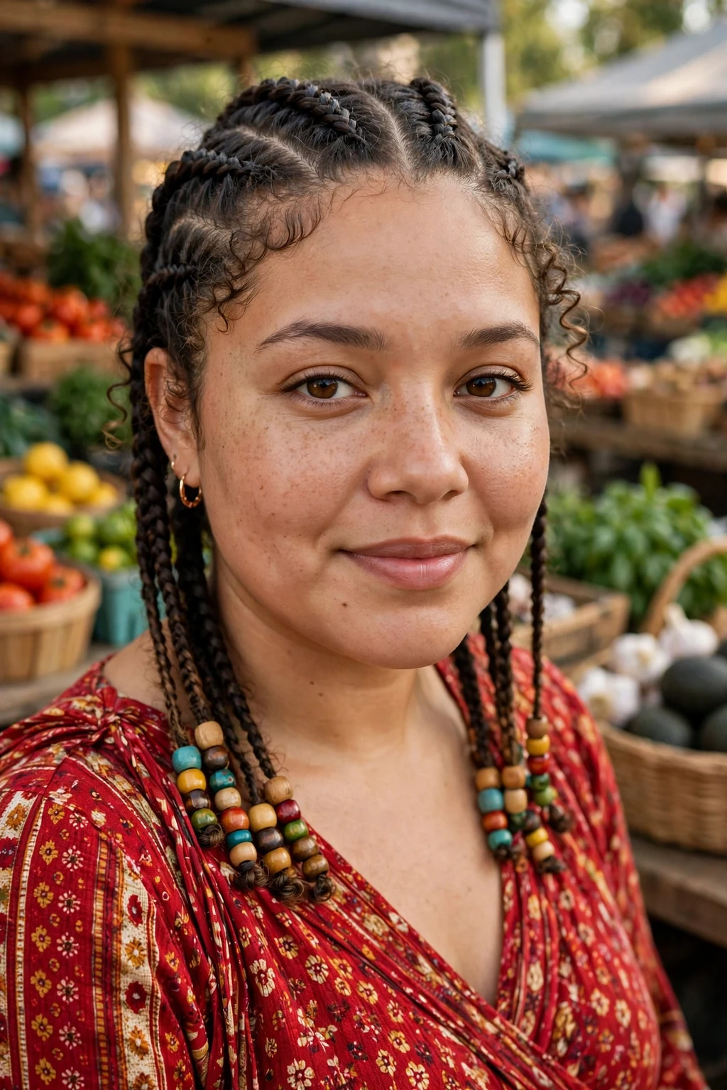 Young Afro-Latina woman with beaded cornrows at a farmers market, wearing a red patterned dress.