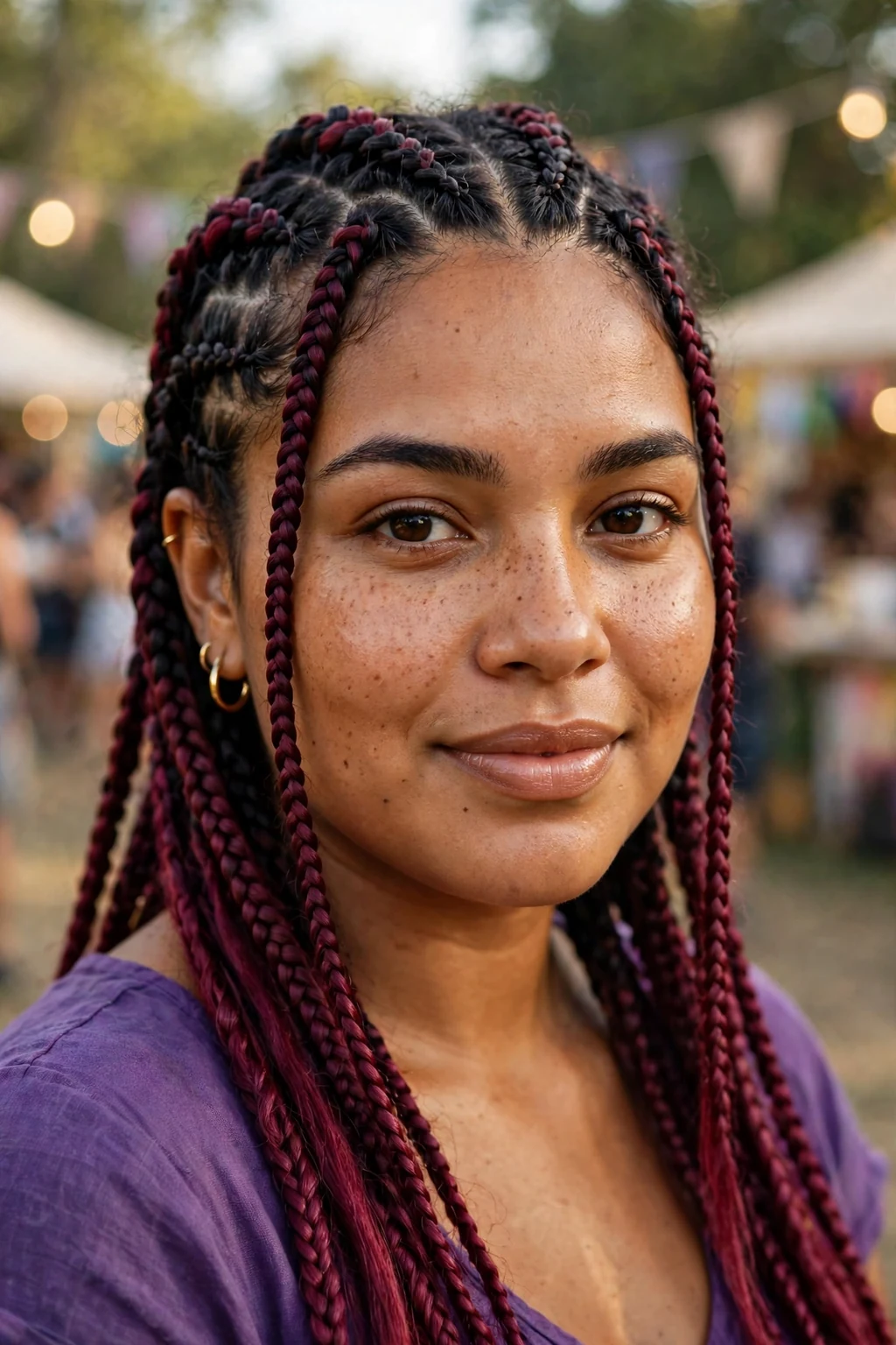 Young Afro-Latina woman with colored cornrows at a festival, wearing a purple top.