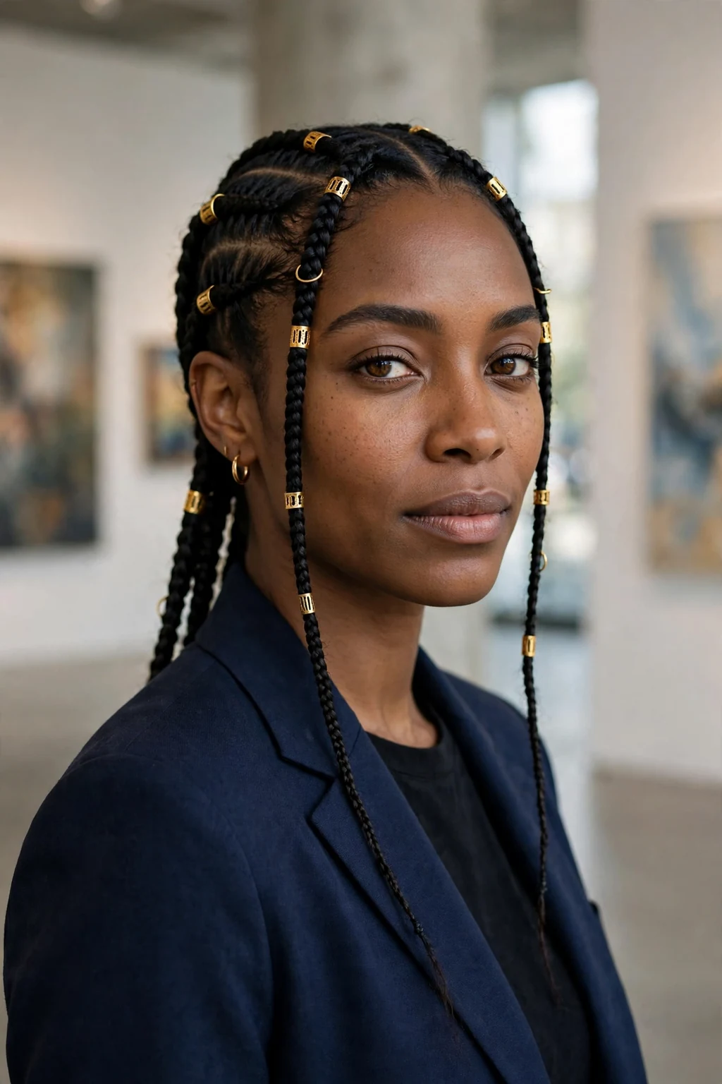 Young Black woman with cornrows and gold cuffs in an art gallery, wearing a navy blazer.