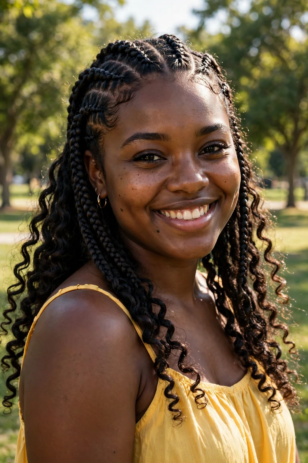 Young Black woman with cornrows and curly ends in a park, wearing a yellow sundress.