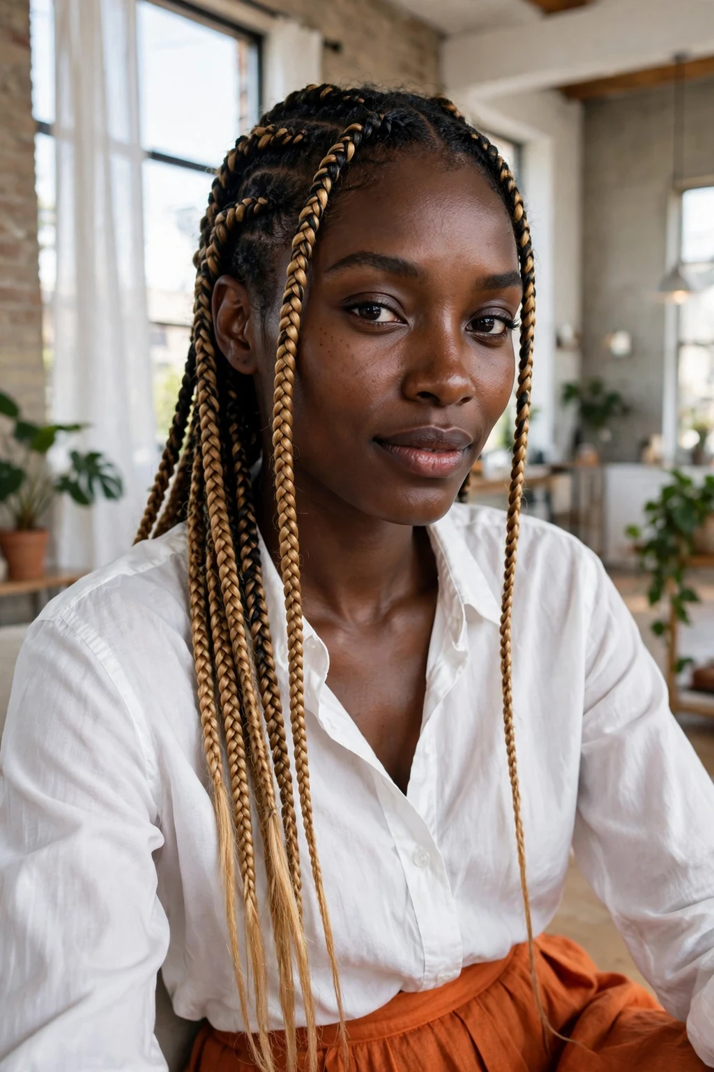 Young Black woman with honey blonde cornrows in a salon-free loft, wearing a white shirt and orange skirt.