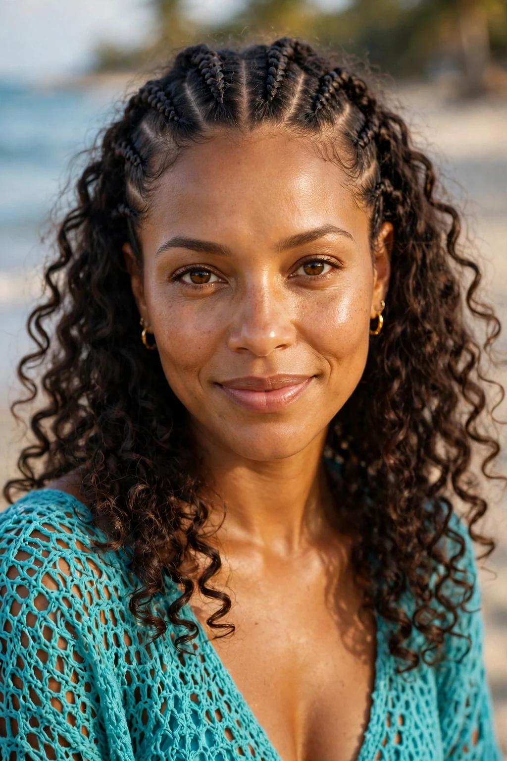 Young Afro-Caribbean woman with cornrows and loose curls at the beach, wearing a turquoise swimsuit cover-up.