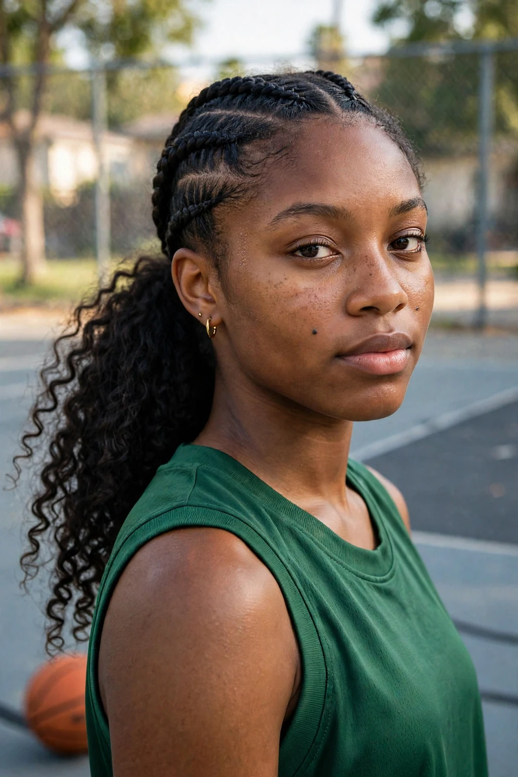 Young woman athlete with cornrows pulled into a ponytail, wearing a green jersey.