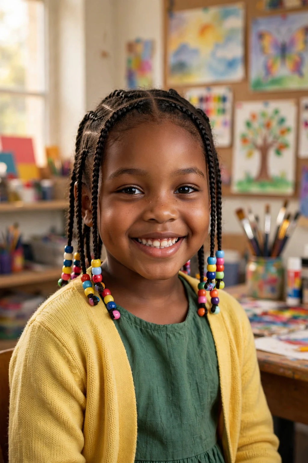 A young girl with neat cornrows decorated with colorful beads smiling for her school picture.